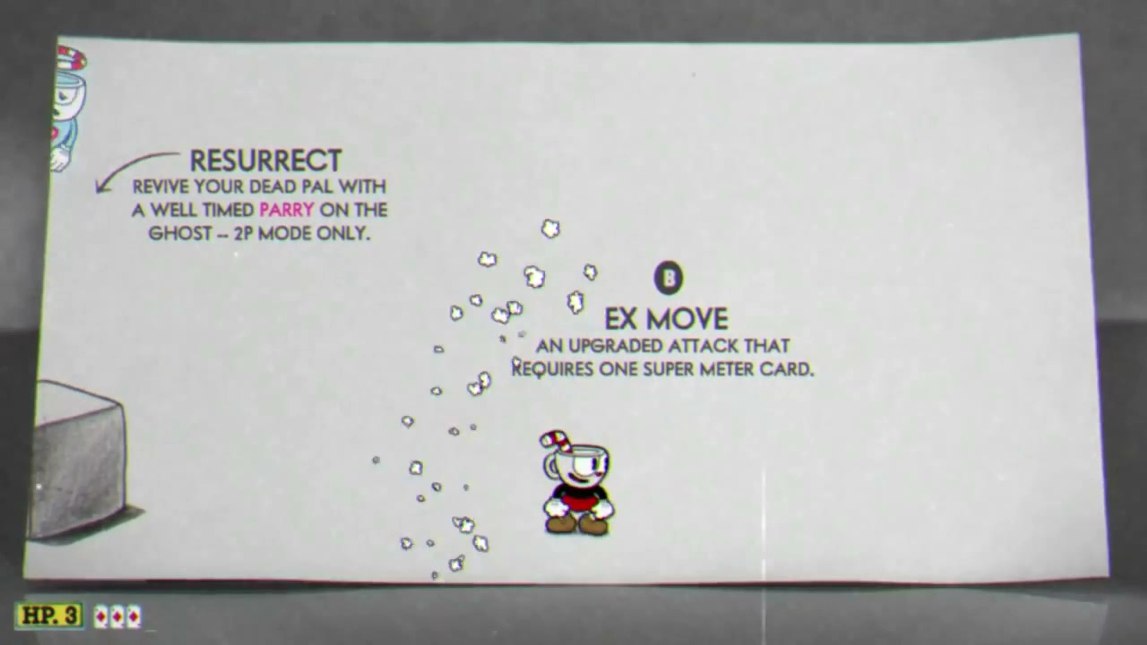 The in-game Cuphead tutorial page says Resurrect and explains that a timed parry on a dead partner’s ghost revives them in two-player mode.