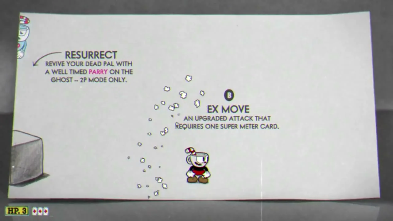 The in-game Cuphead tutorial page says Resurrect and explains that a timed parry on a dead partner’s ghost revives them in two-player mode.