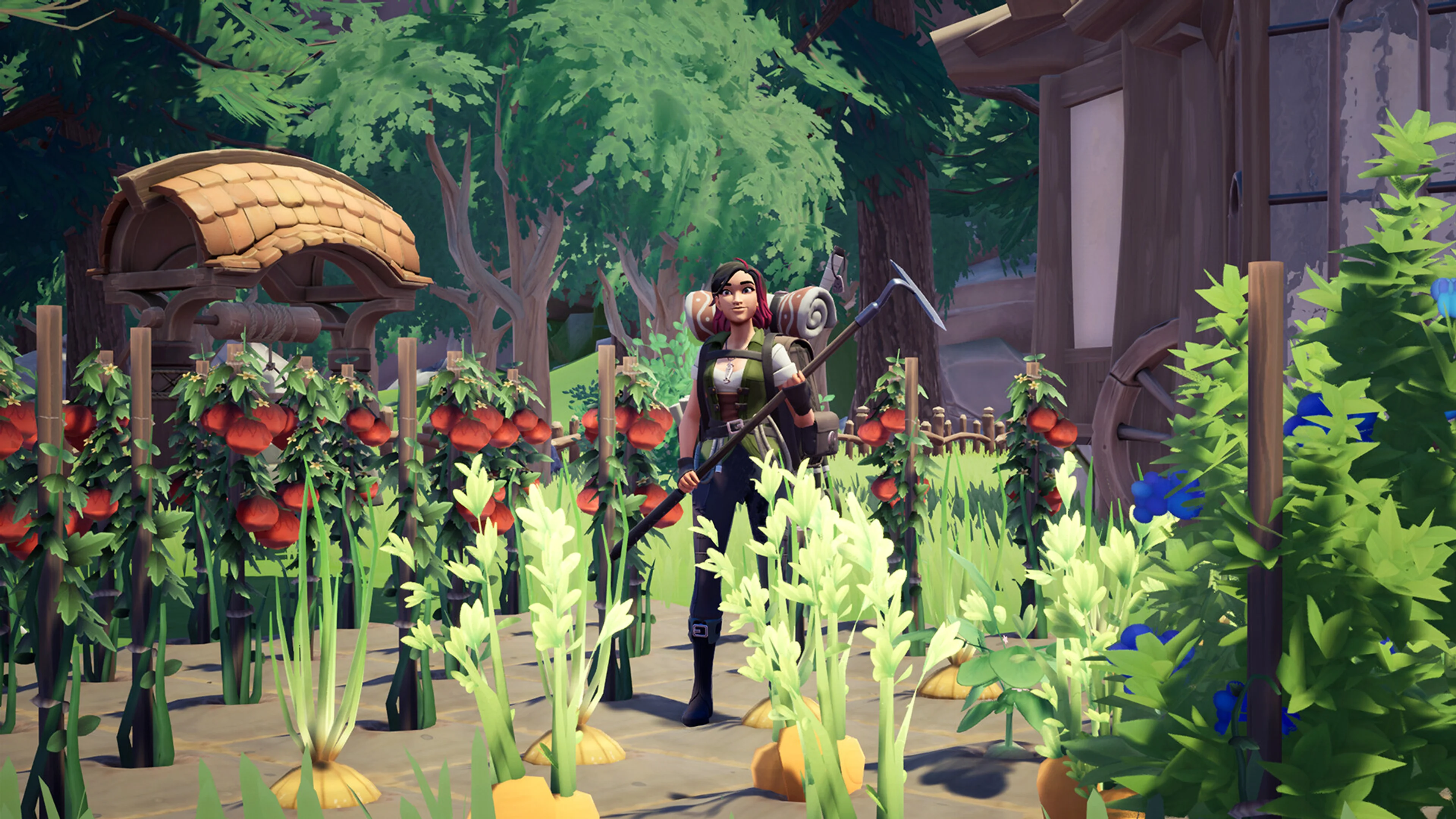 Players tend plants beside a decorated outdoor space in Palia.