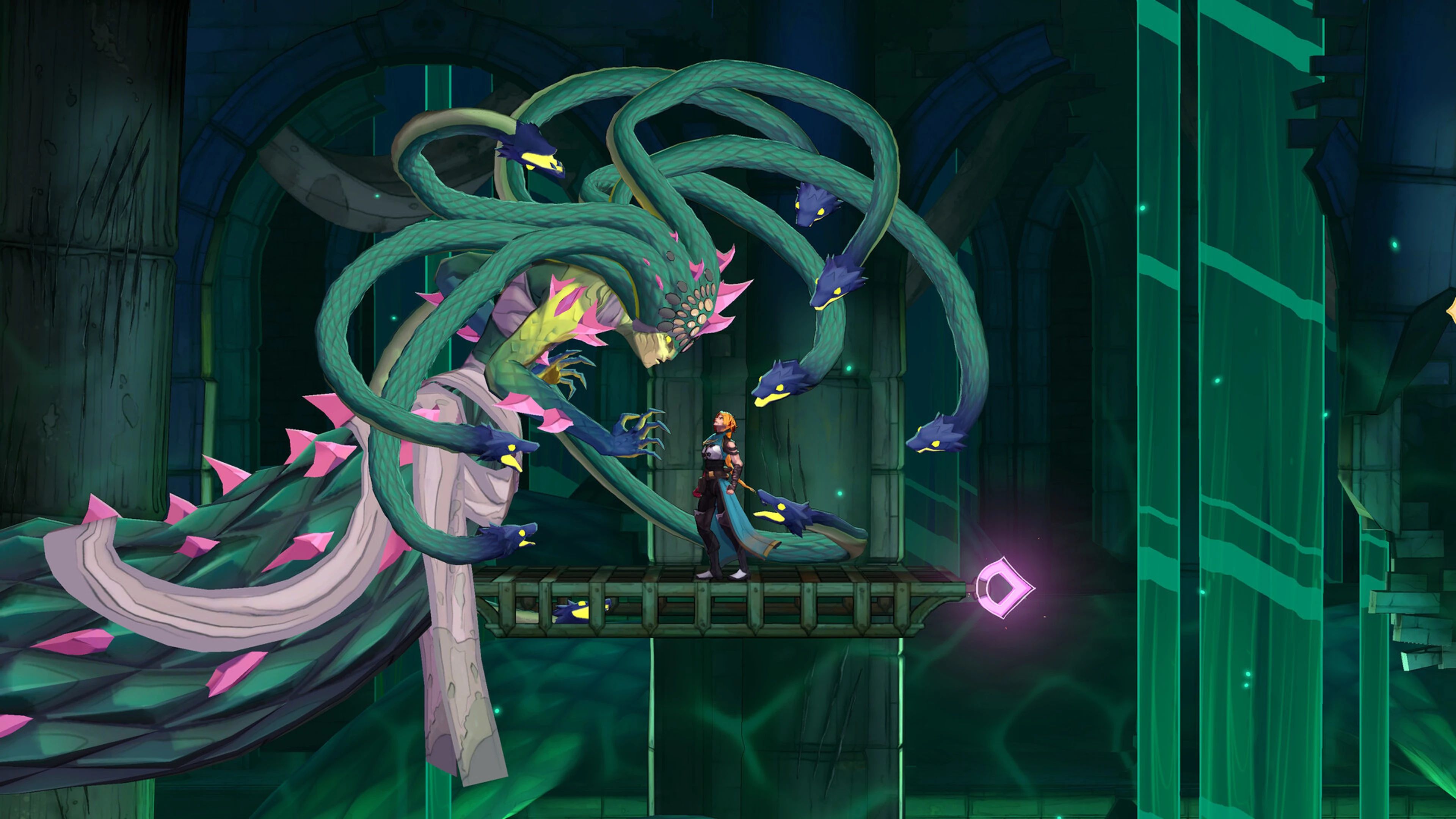 Rose Belmont faces Medusa, a towering snake-haired boss, inside a ruined hall.