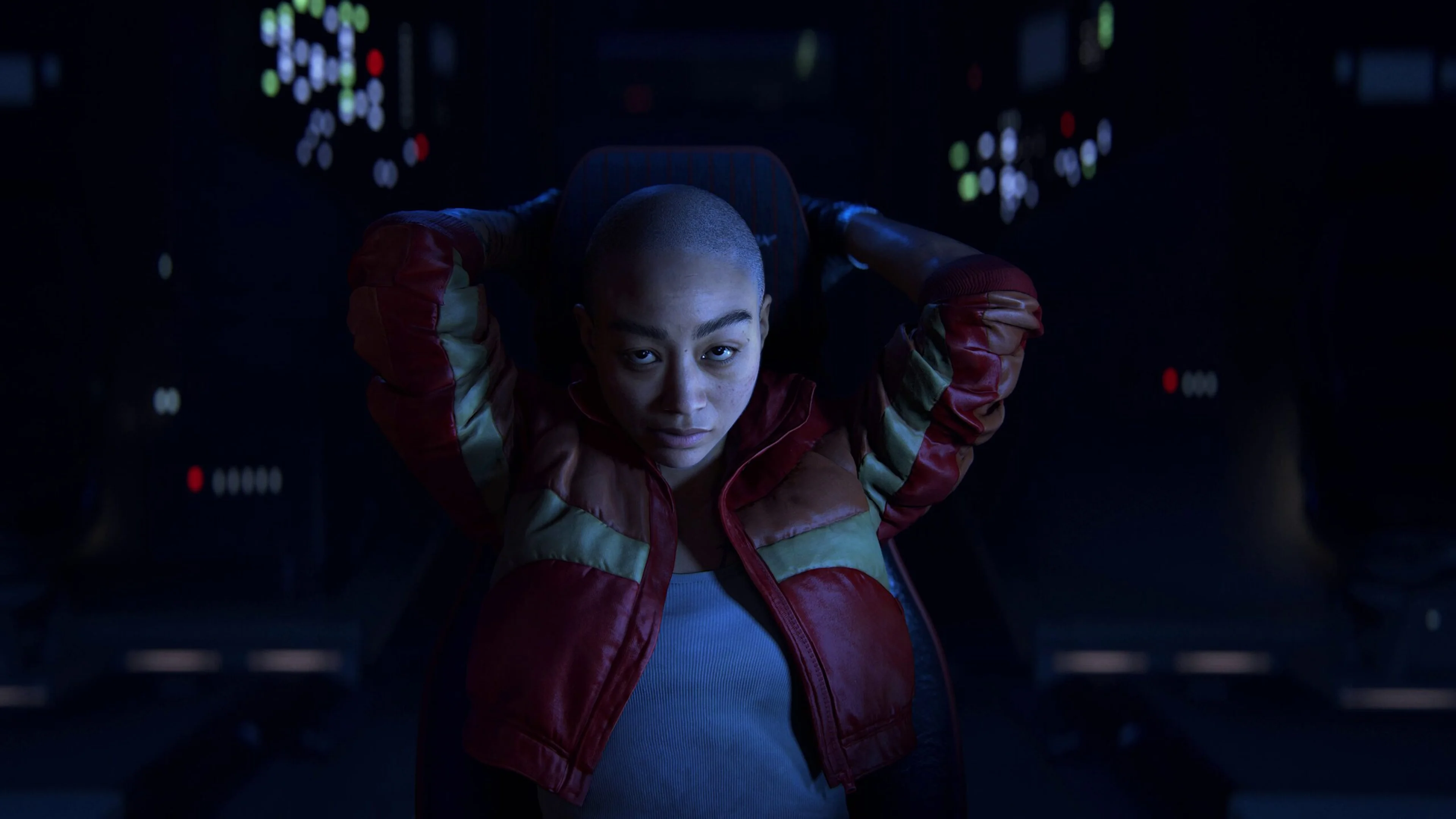 Jordan A. Mun sits in the cockpit of her spacecraft in an official Intergalactic: The Heretic Prophet screenshot.