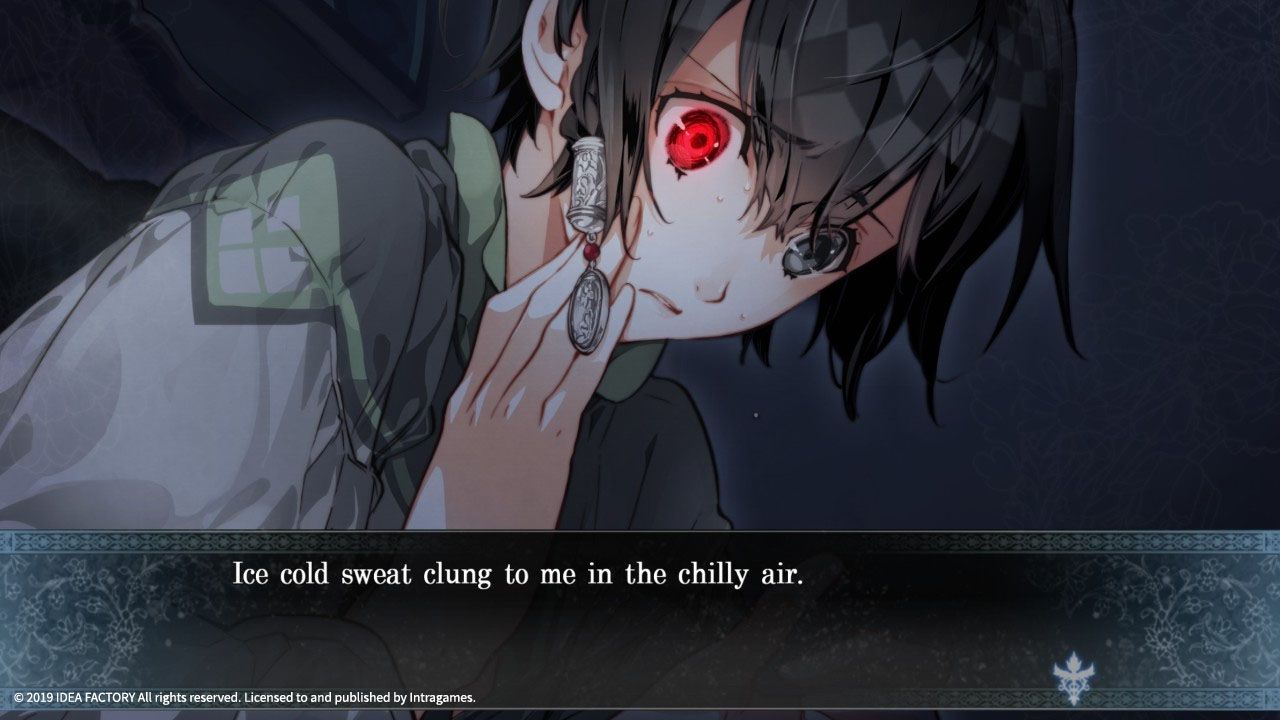 A close-up shows a character's glowing red eye in Psychedelica of the Ashen Hawk.