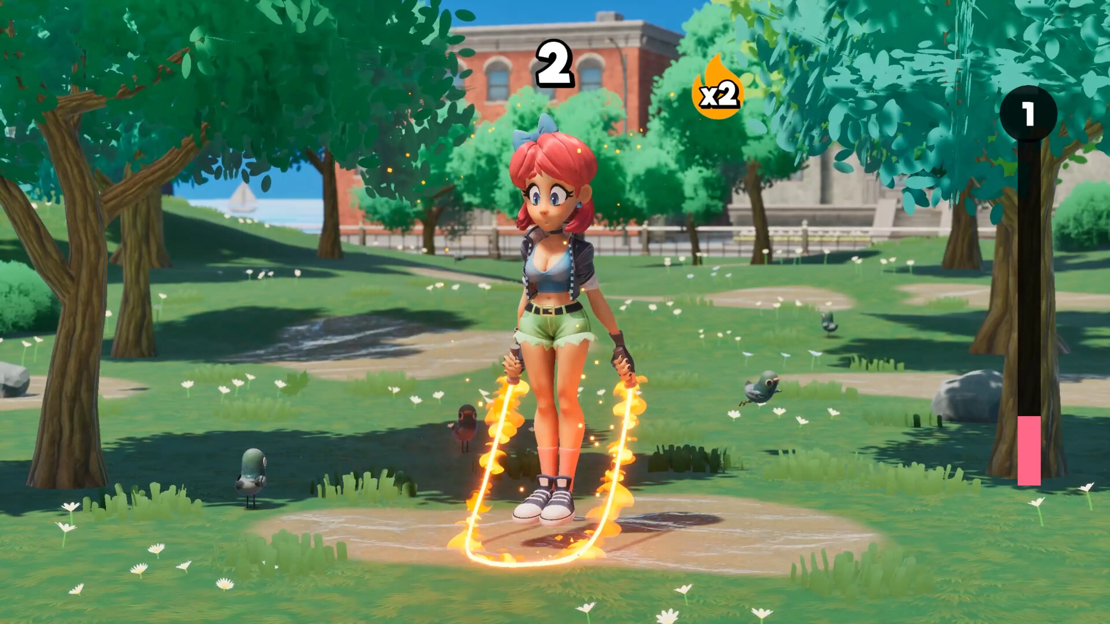 Scarlet using a flaming jump-rope upgrade.
