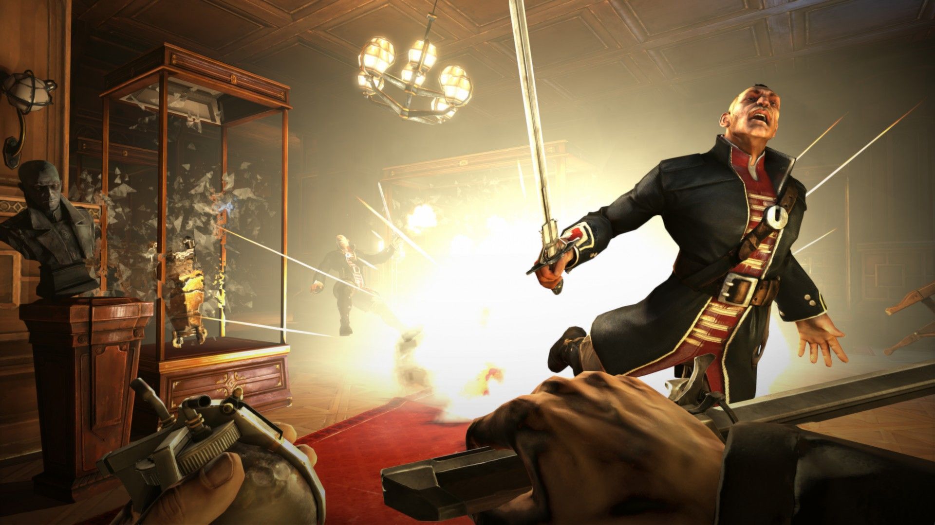 Corvo faces an armed man with a sword during a bright indoor fight.