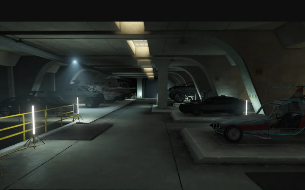 Vehicles and equipment stored inside a GTA Online Bunker.