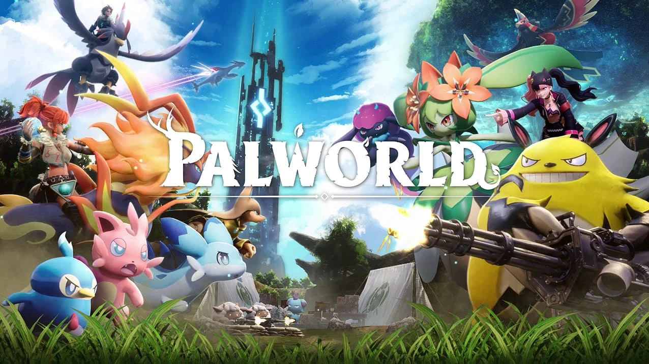 Official Palworld artwork featuring players, creatures, weapons, and the Palworld logo.