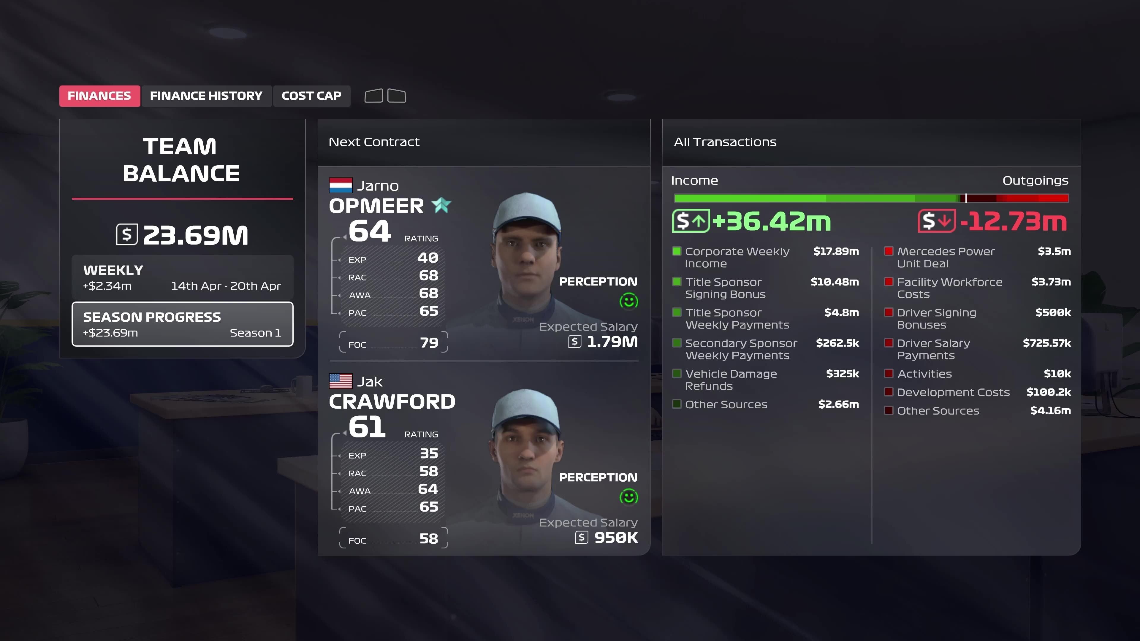 F1 25 finance menu showing team balance, drivers and income.