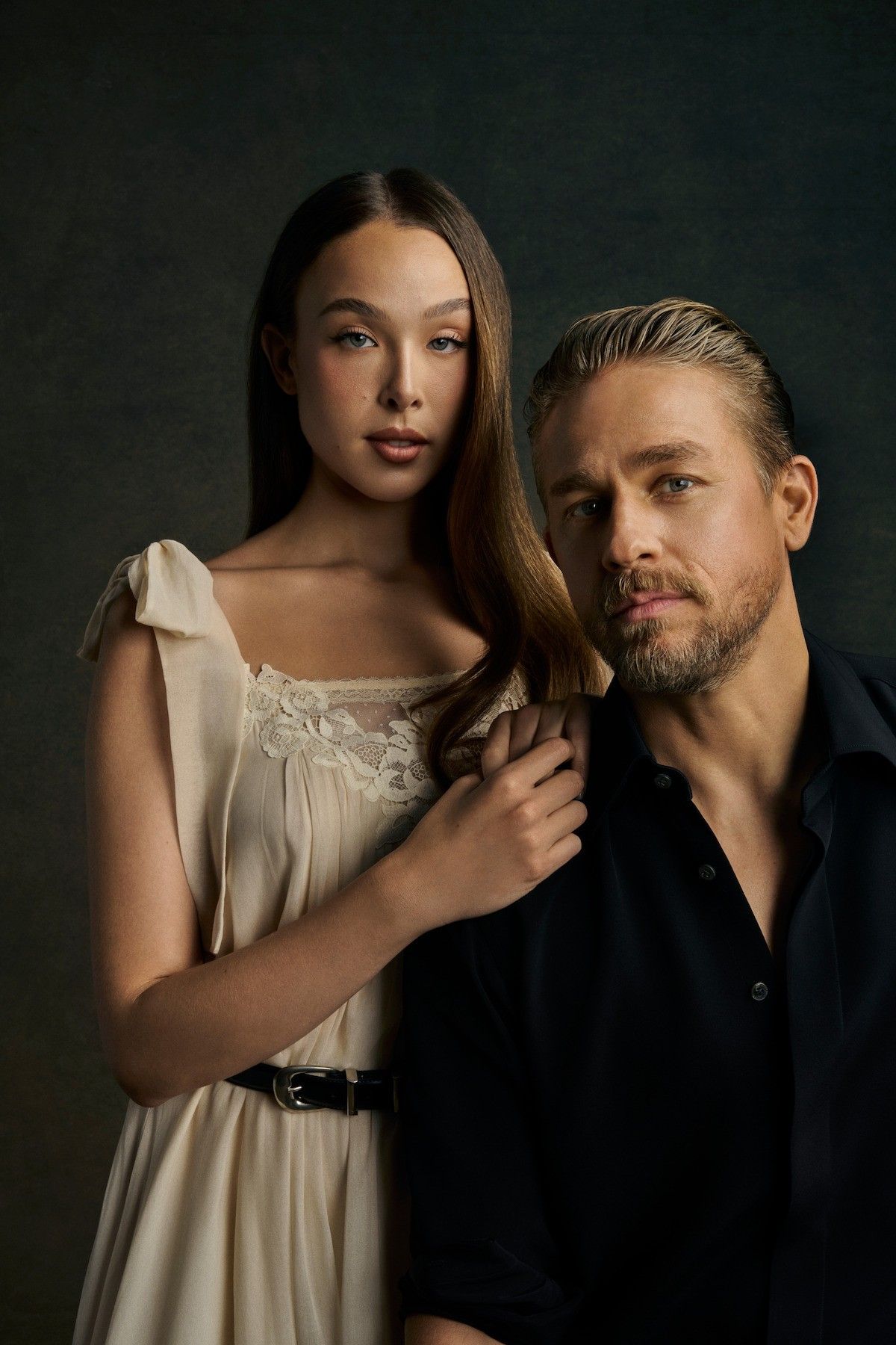Ella Beatty and Charlie Hunnam pose for Monster: The Lizzie Borden Story.