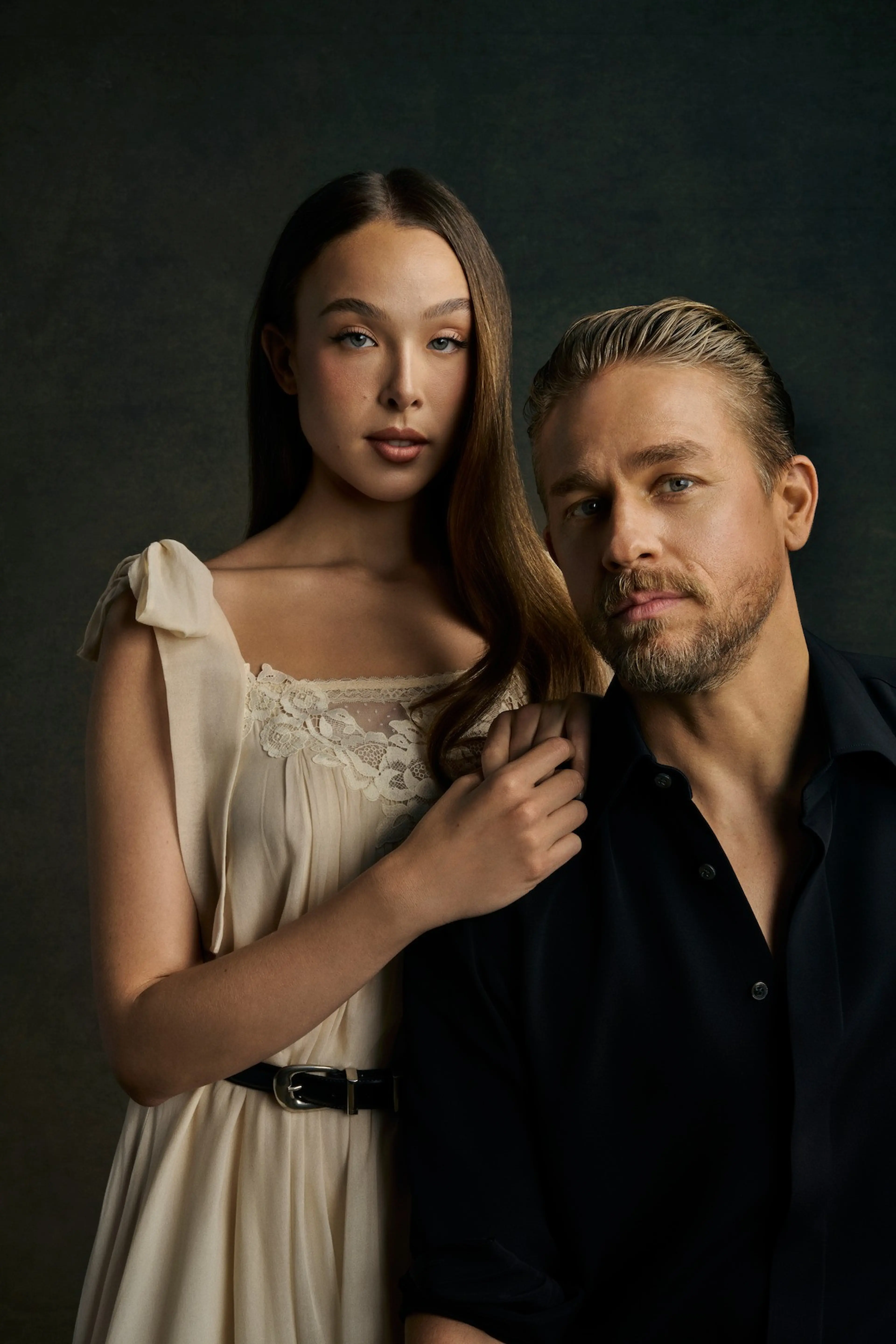Ella Beatty and Charlie Hunnam pose for Monster: The Lizzie Borden Story.