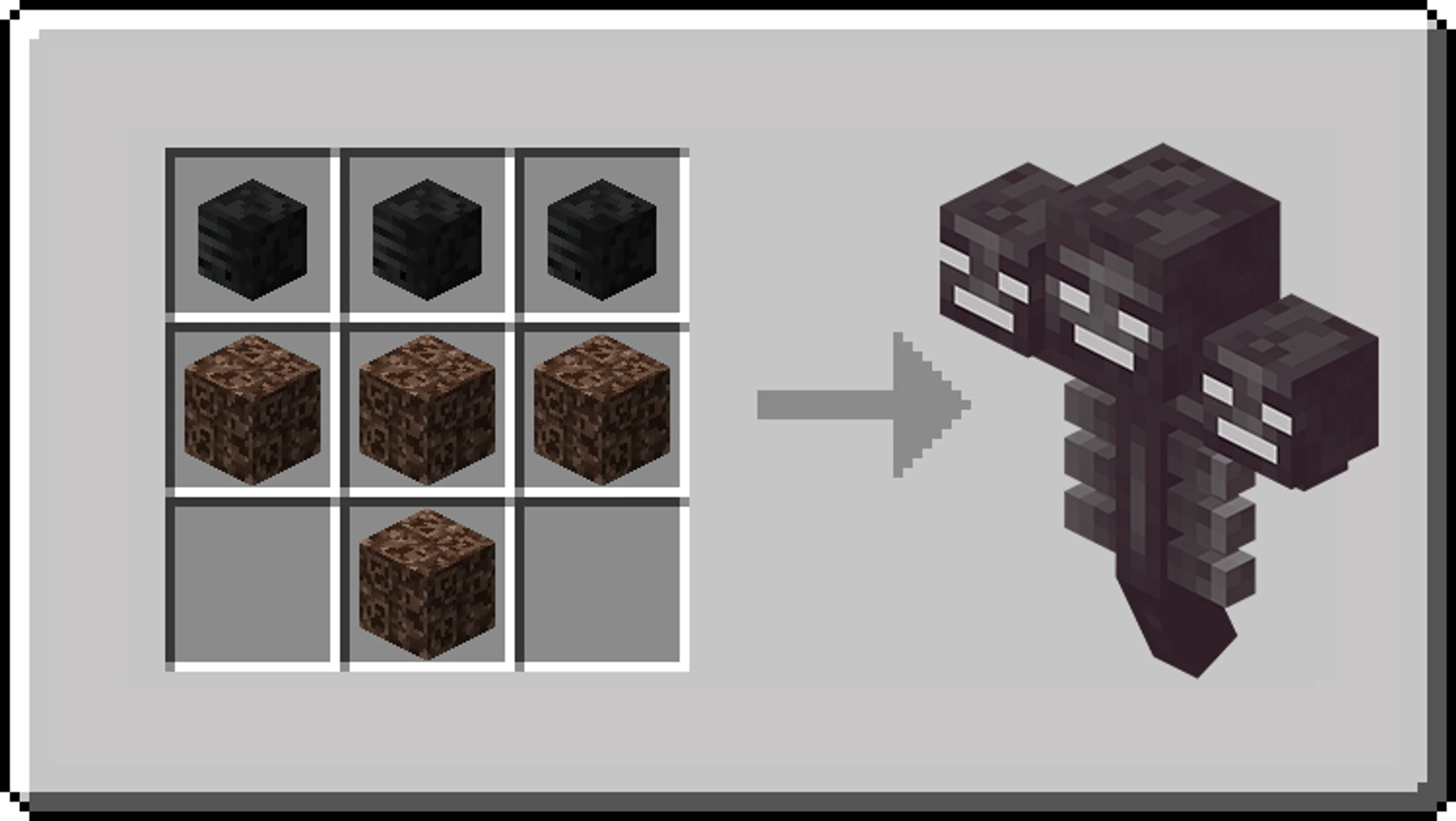 The Minecraft Wither summoning shape made from soul sand and three wither skeleton skulls.