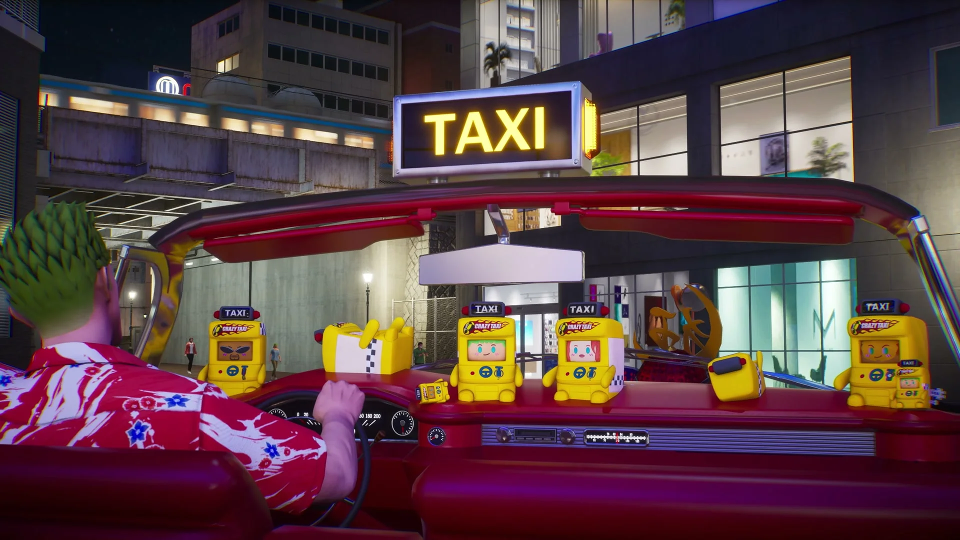 Axel drives a yellow taxi with small mascots across its dashboard in Crazy Taxi: World Tour.