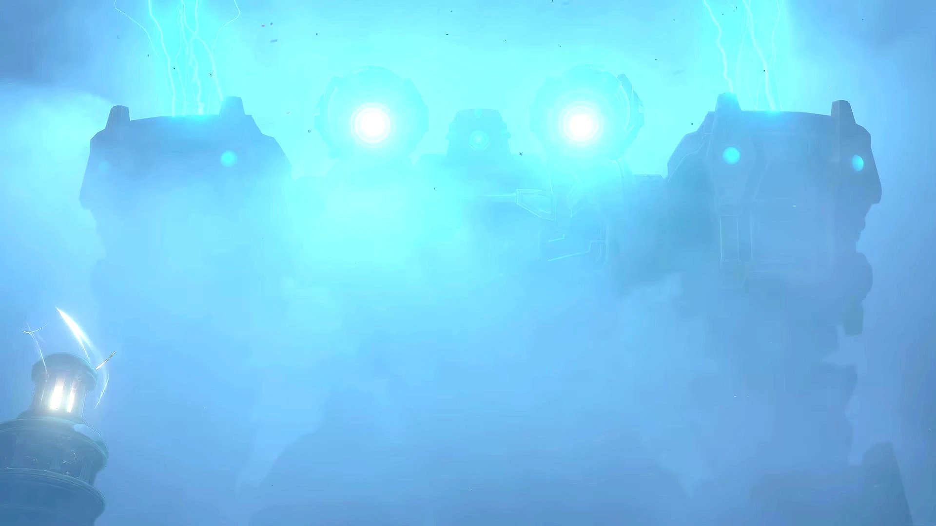 A colossal mechanical figure with blue lights towers over snow-covered Northrend in The Last Titan teaser.
