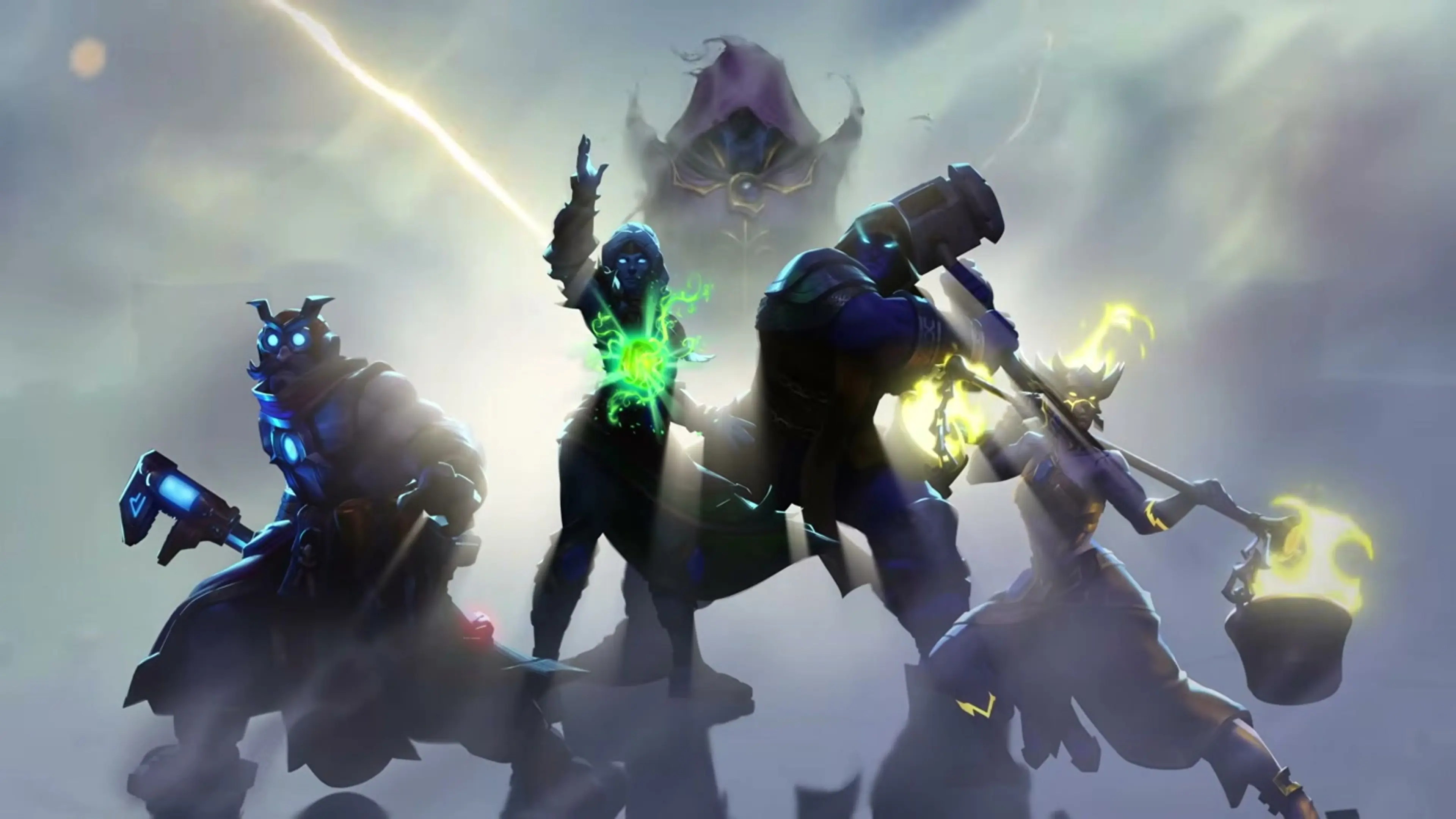 Four armored Titan-forged warriors stand together with blue, green and gold energy glowing around them.