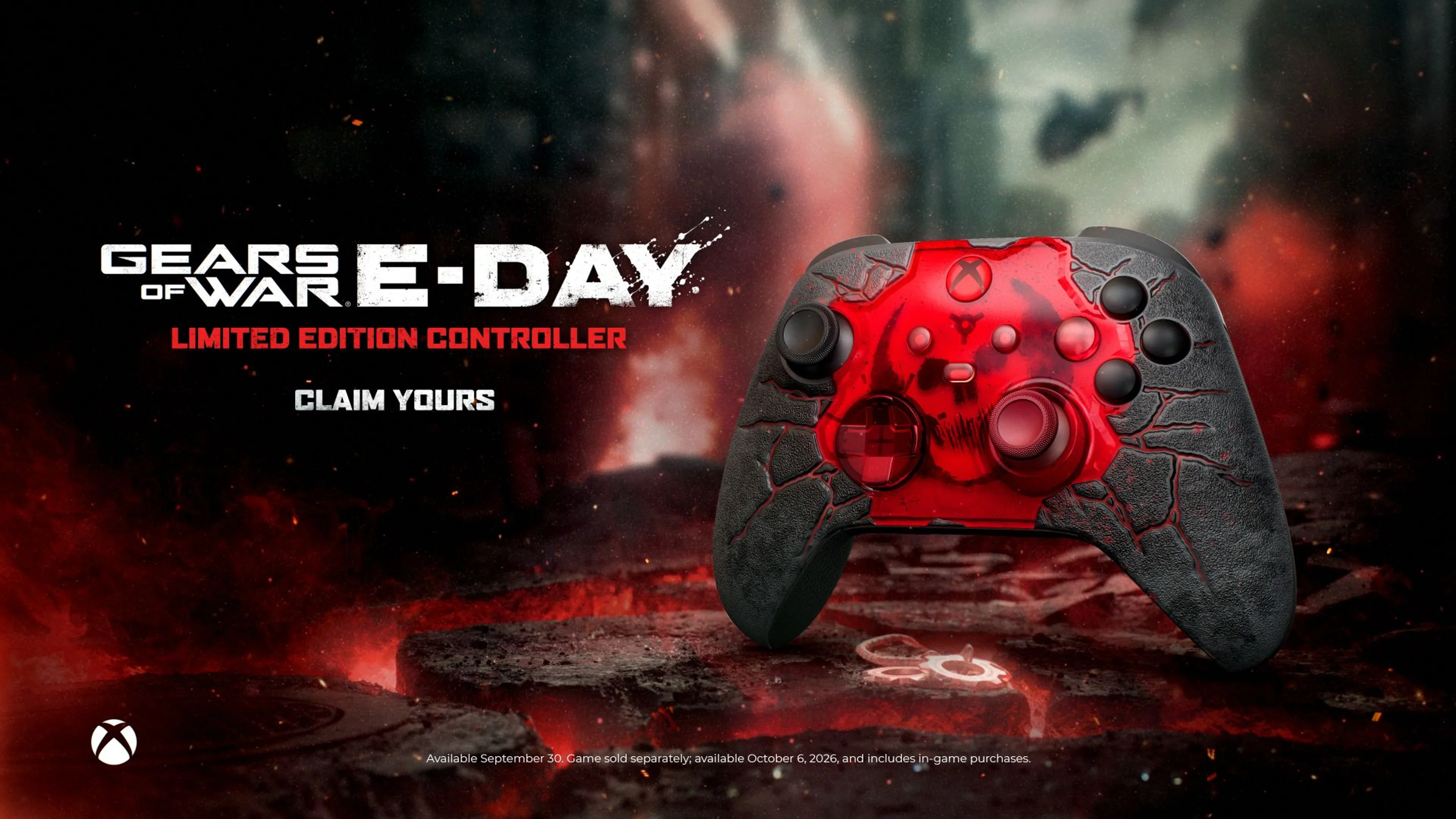 Gears of War E-Day Limited Edition Xbox Wireless Controller with a cracked Crimson Omen design.
