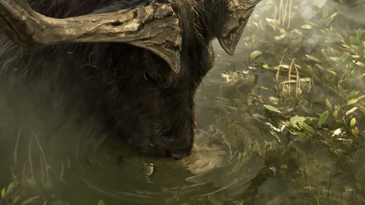 A massive horned creature lowers its head into shallow water in a bright forest scene from the Nodusfall reveal trailer.