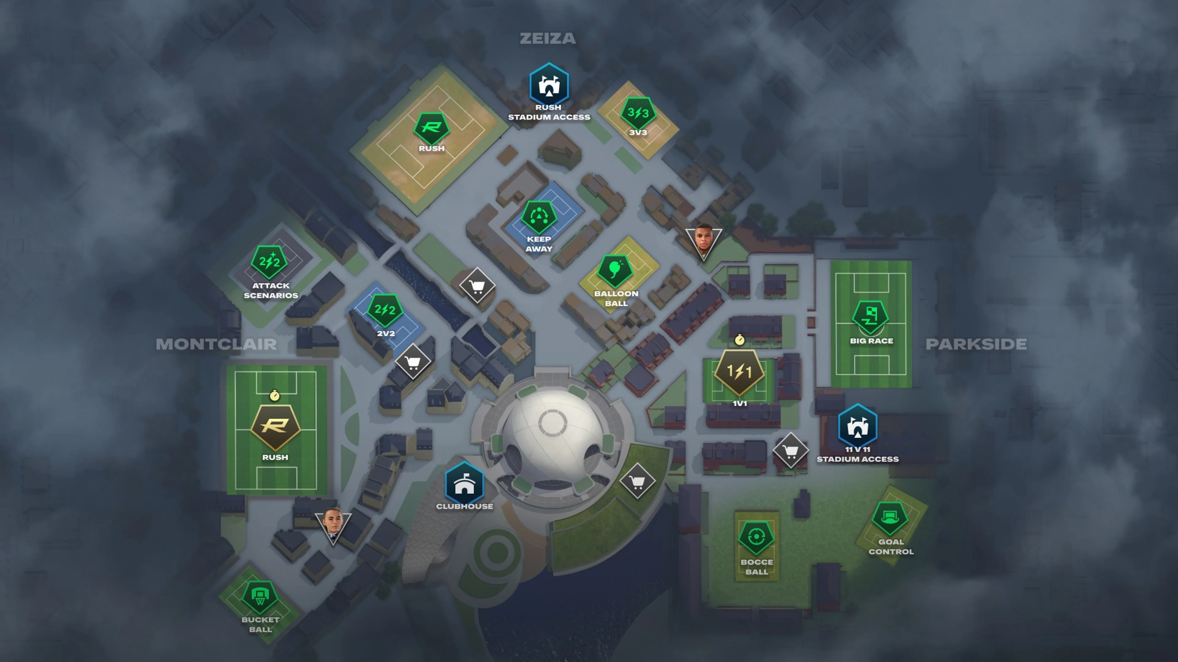Map of The Grounds showing the Terrace and the Montclair, Zeiza, and Parkside districts.