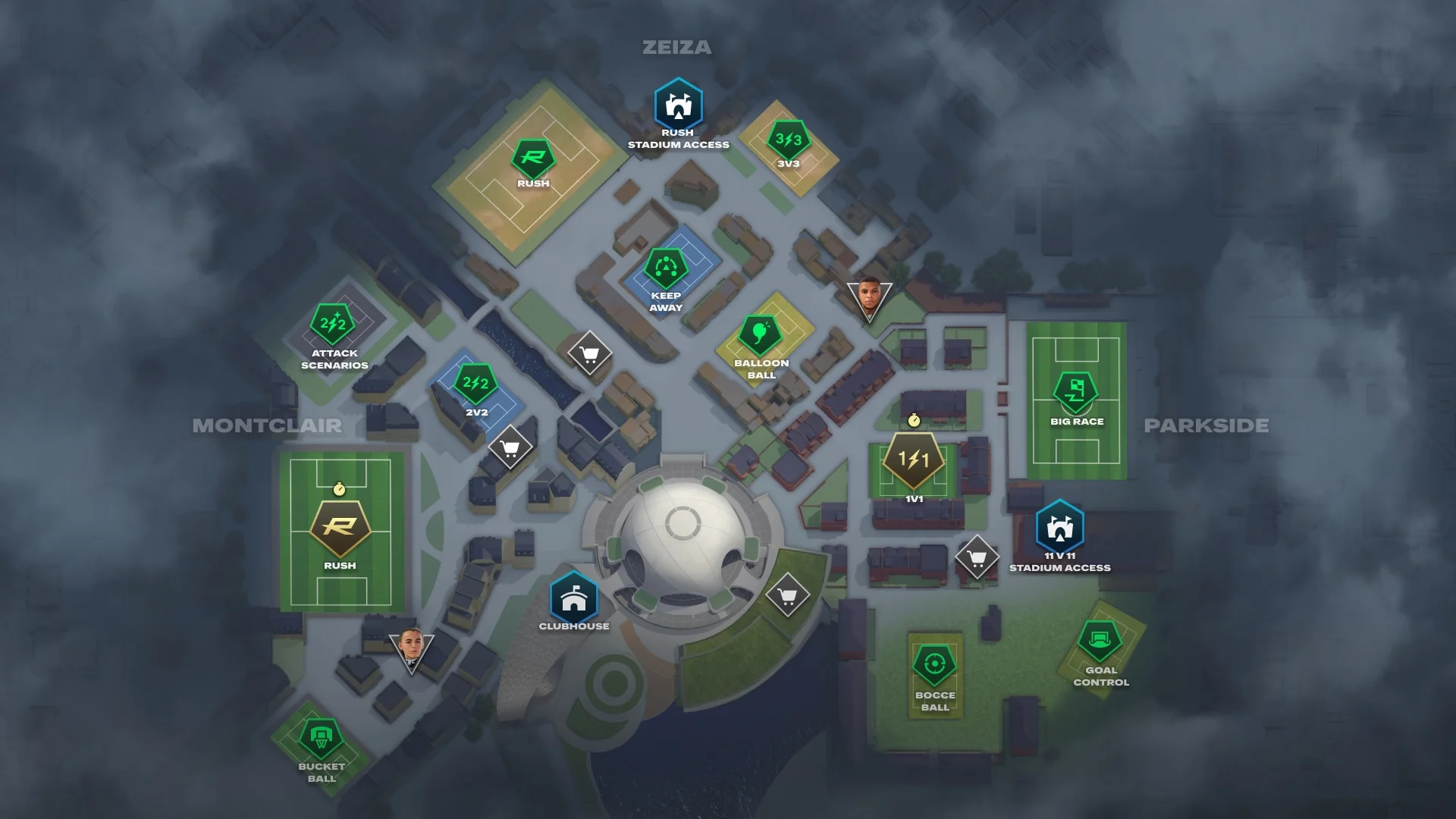 Map of The Grounds showing the Terrace and the Montclair, Zeiza, and Parkside districts.