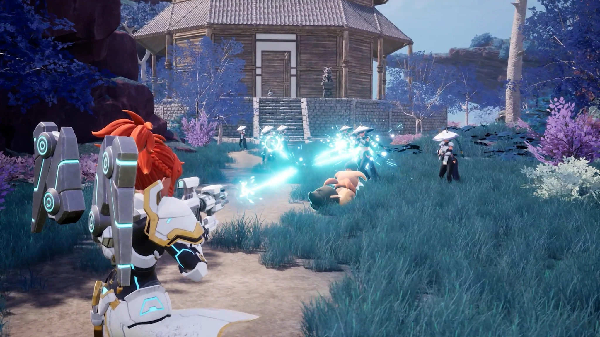 A Palworld player using a bright blue attack against enemies.