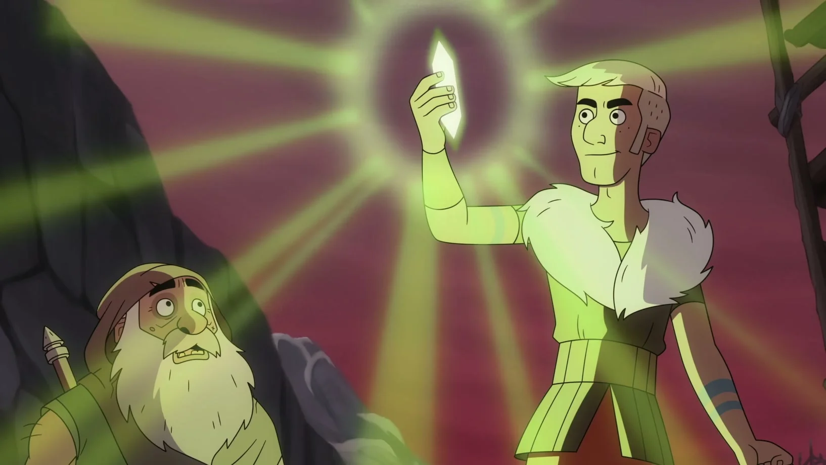 Hampton holds up a shining object while Gilius looks on in Golden Axe.
