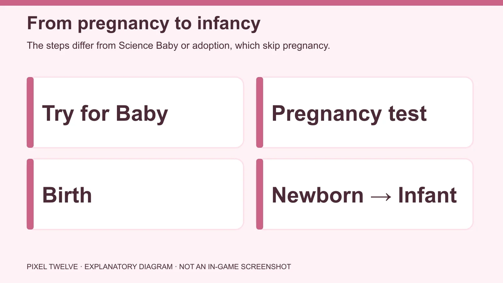 Diagram showing Try for Baby, optional toilet pregnancy test, birth and newborn to infant progression.