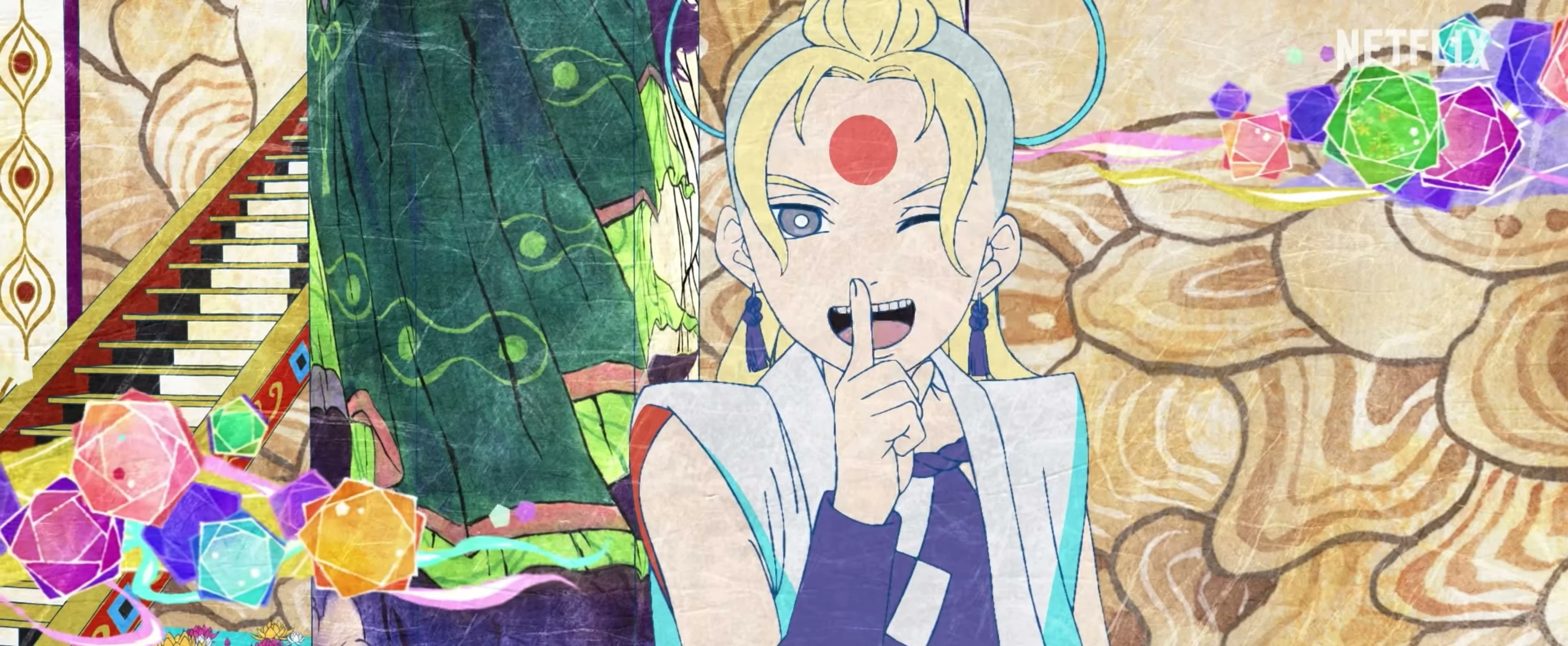 A blonde animated woman gestures in a richly patterned palace scene from Mononoke Chapter III.