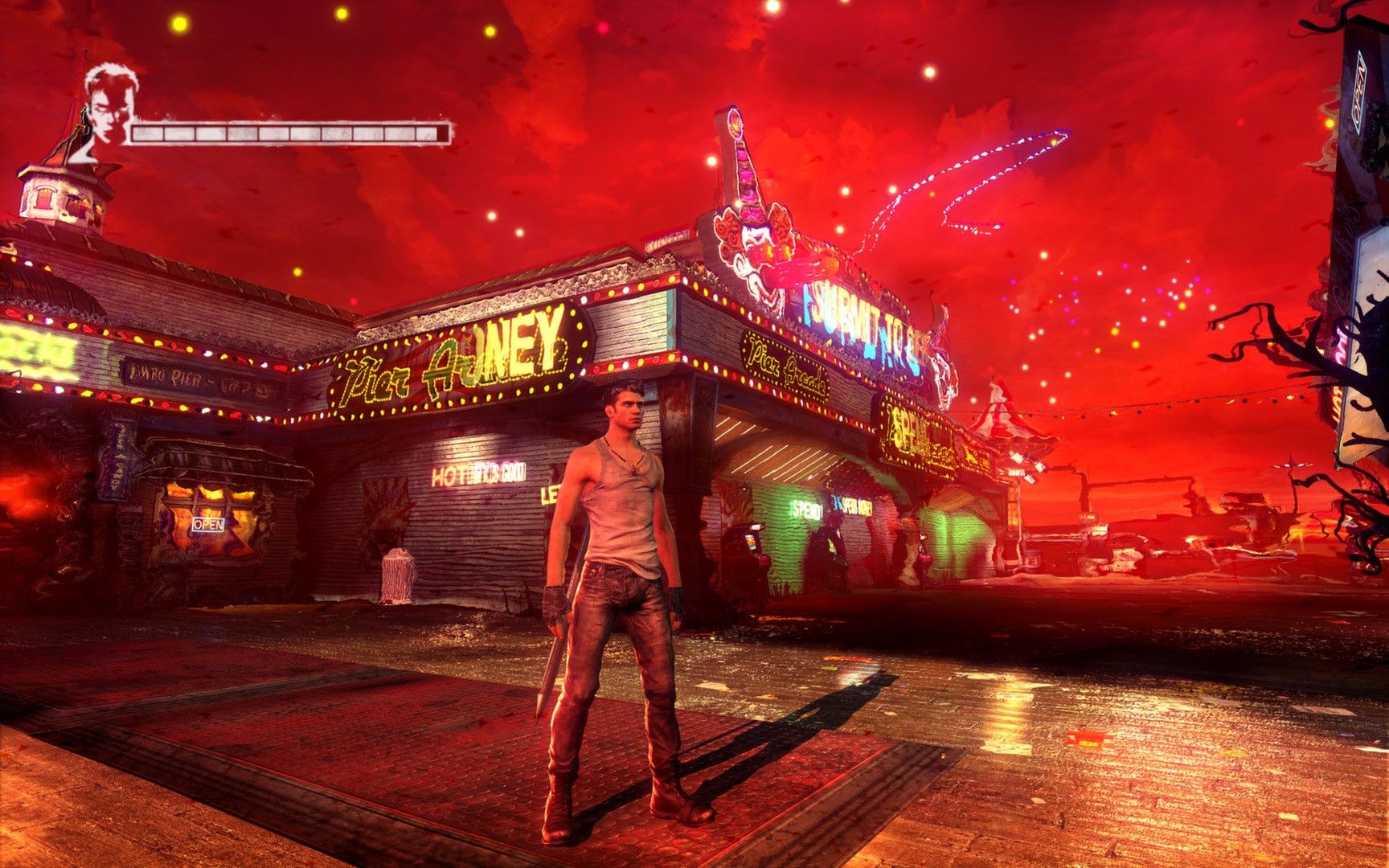 Dante stands on a red-lit city street while Limbo changes the buildings around him.