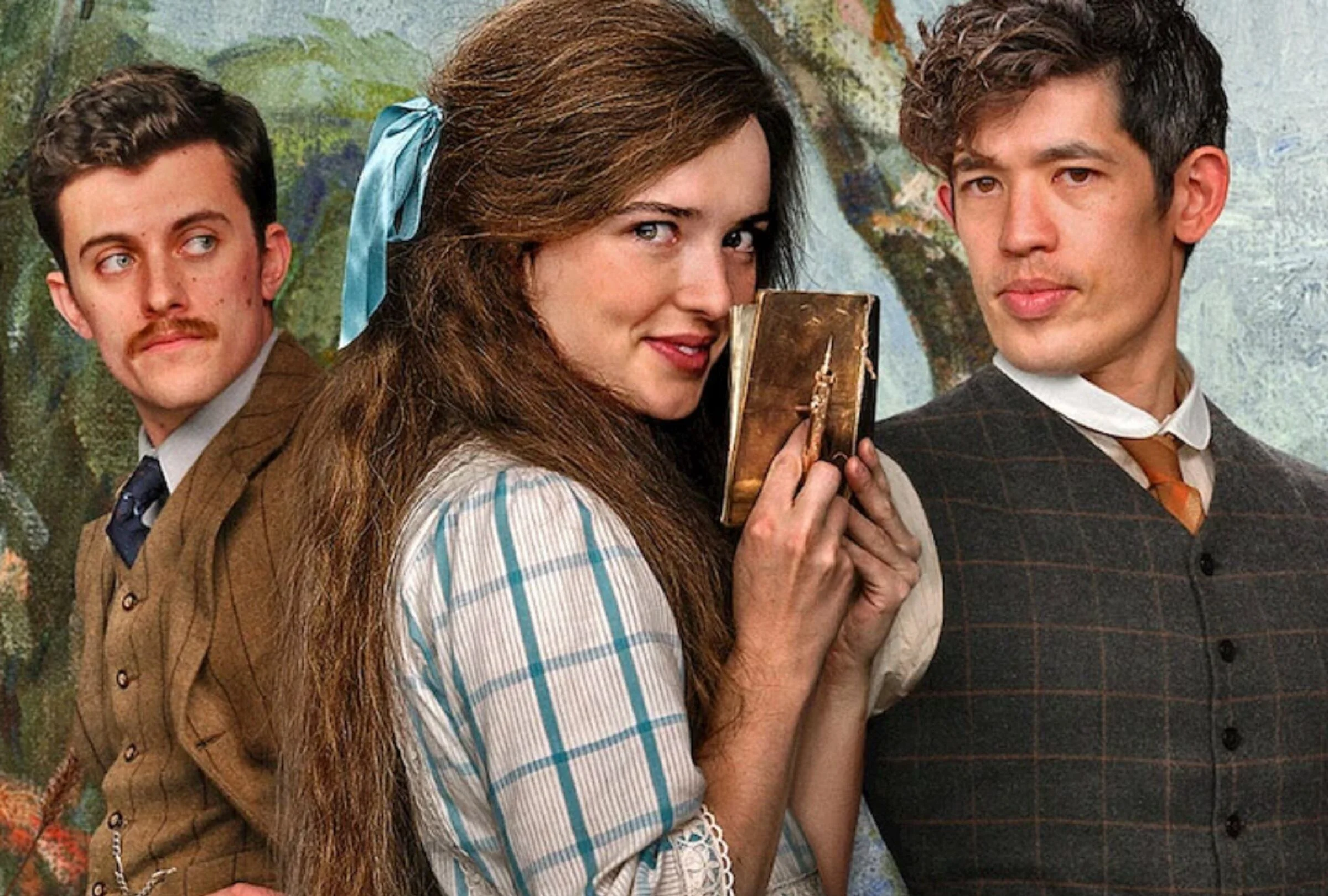 Philippa Northeast stands between two cast members in My Brilliant Career promotional art.