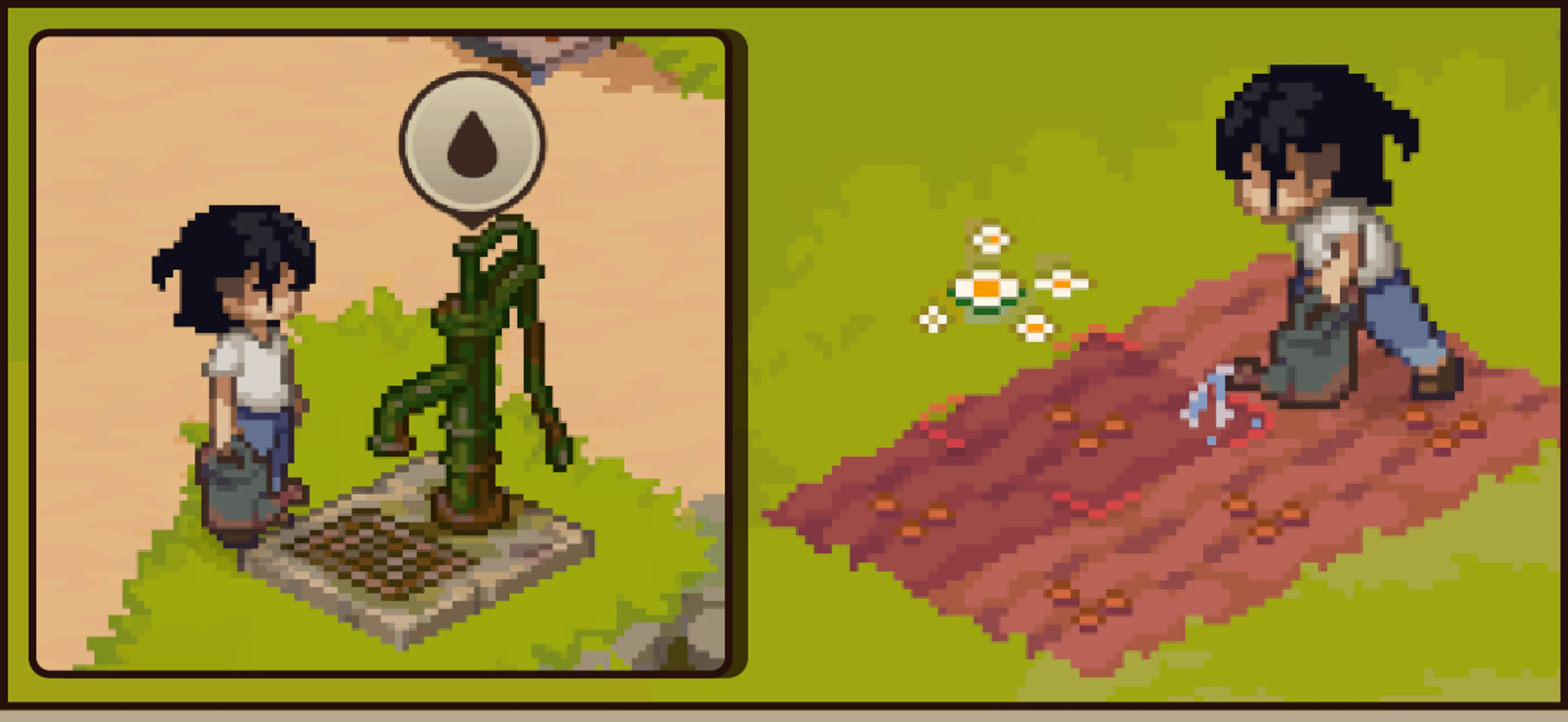 The player watering crops beside a wet farm plot in Grave Seasons