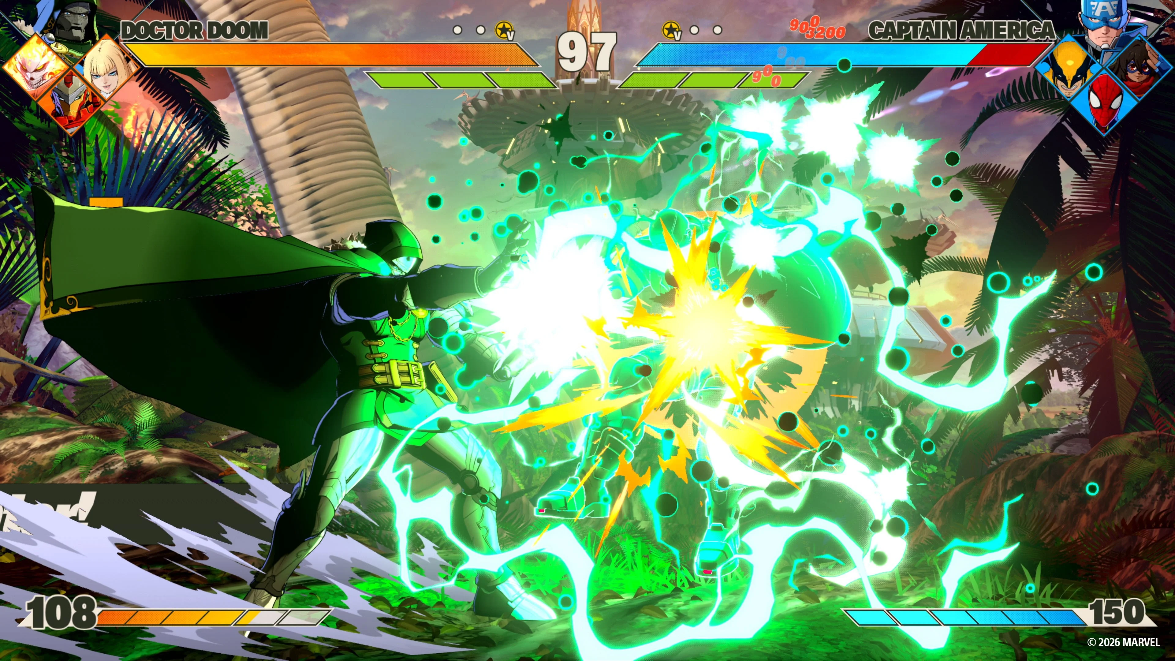 Doctor Doom and Captain America fighting in a MARVEL Tōkon match