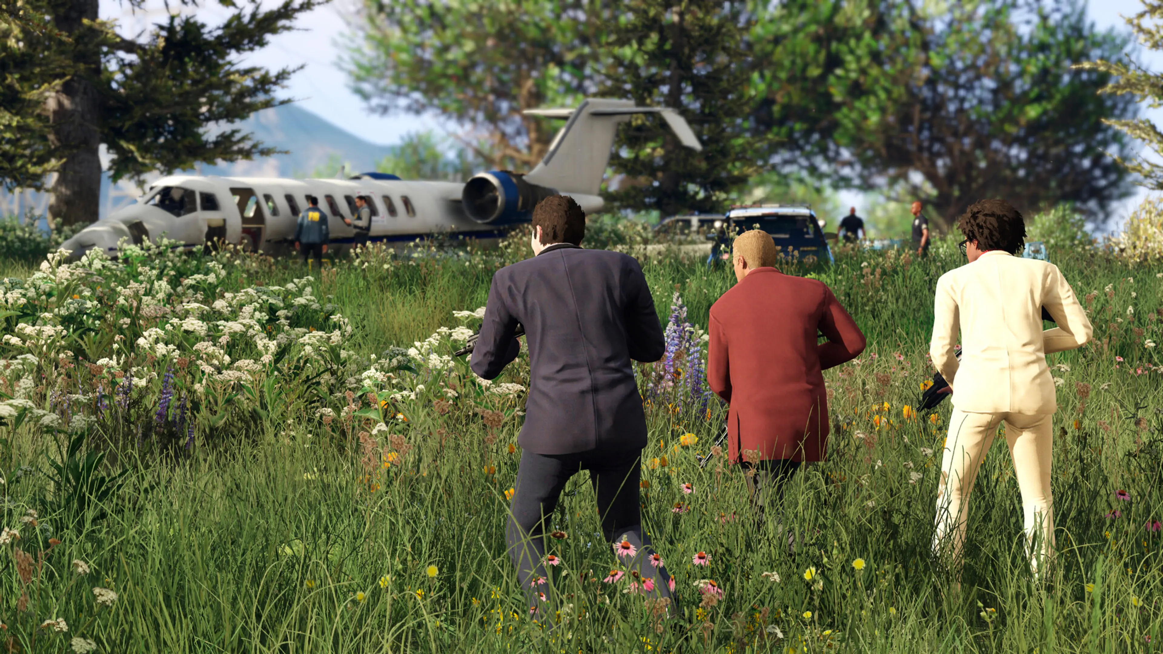 Three armed crew members approach a private plane during a GTA 5 mission.