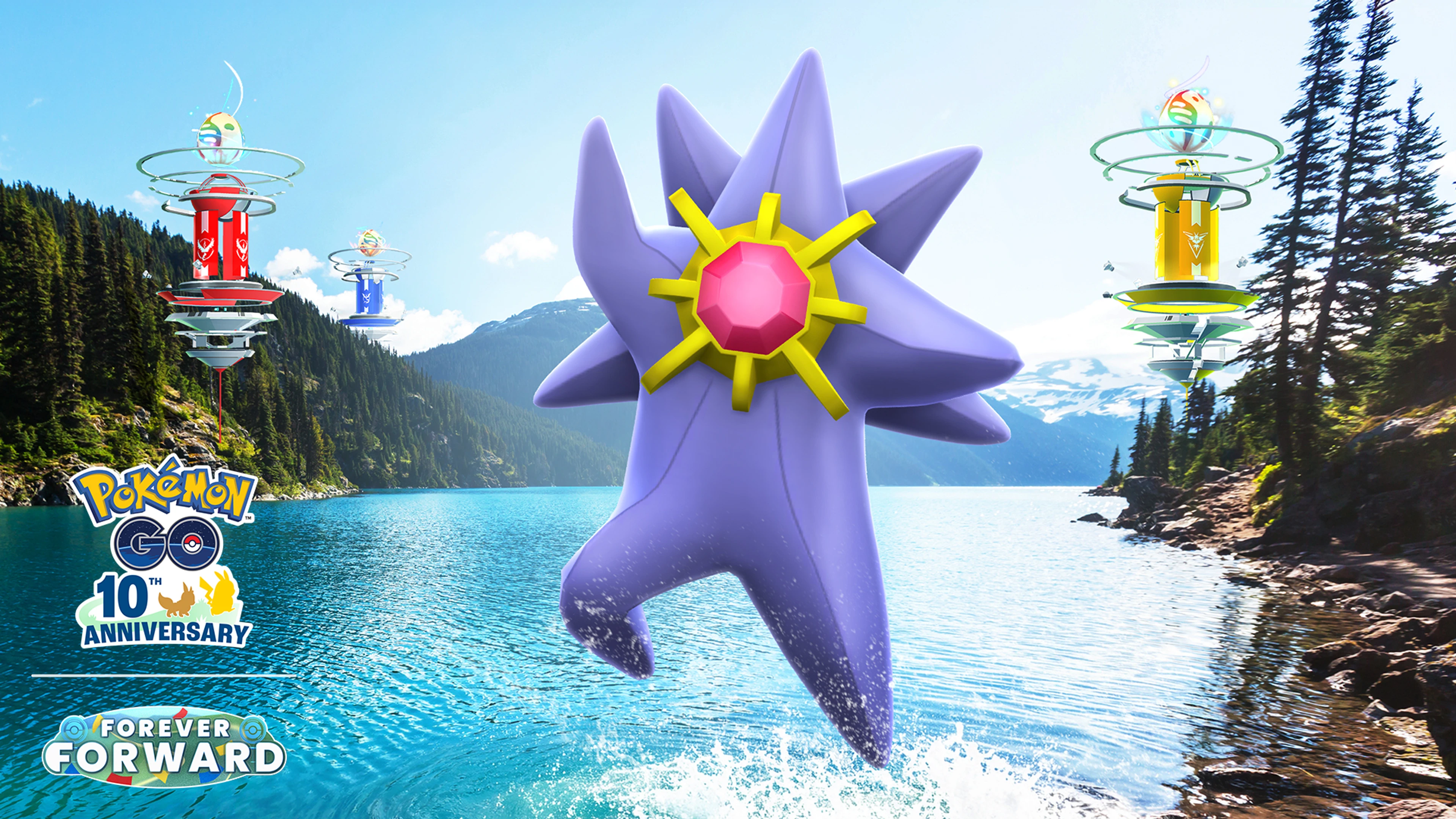 Mega Starmie floats above a lake in official Pokémon GO Super Mega Raid Day artwork.
