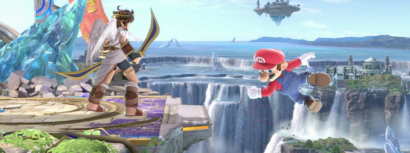 Mario jumps from beyond the right edge of a platform toward the safe ground while another fighter stands near the ledge.