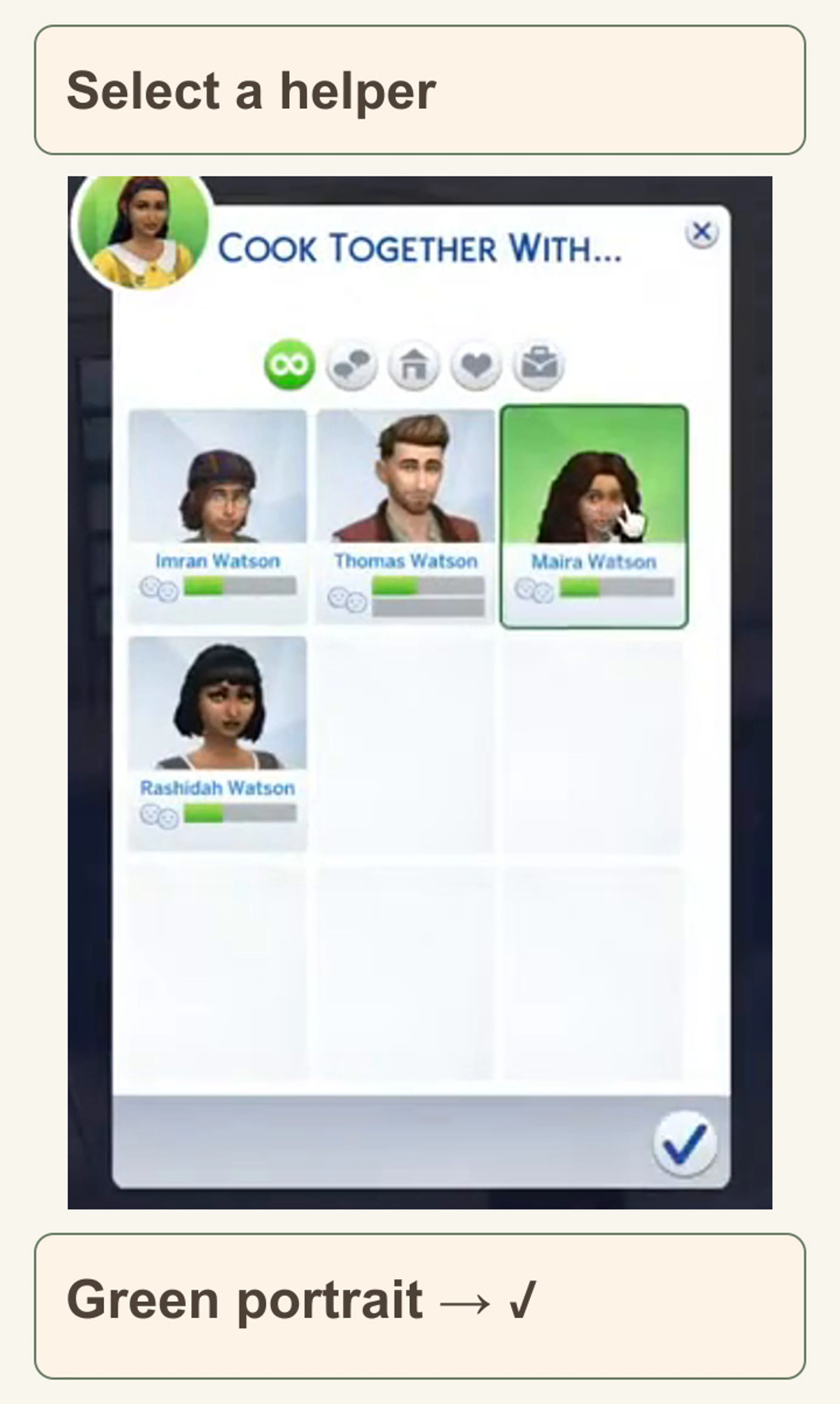 Official Cook Together With participant window shows a green Maira Watson portrait and the confirm checkmark at bottom right.