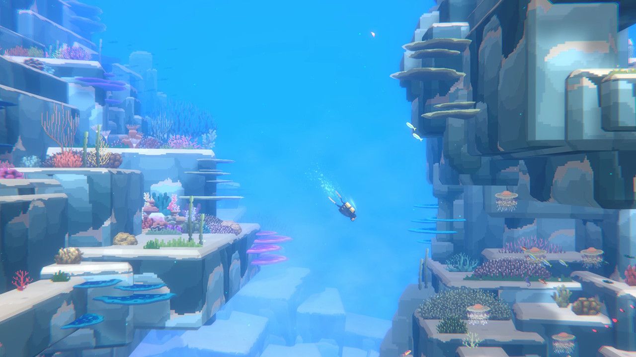 Dave swims between bright underwater cliffs with the oxygen and equipment display visible.