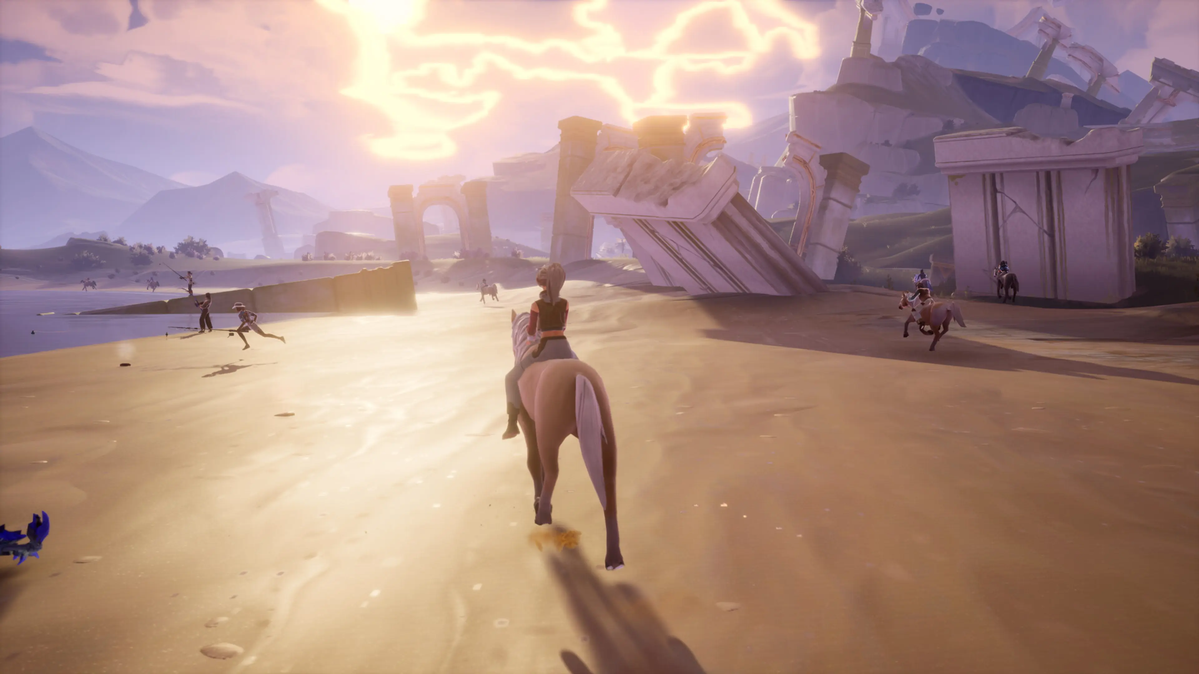 A rider exploring an open landscape in Palia.
