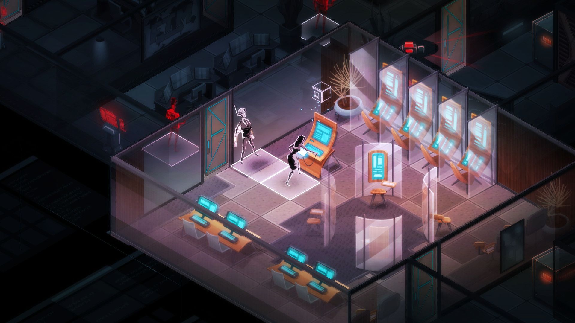 An agent stands inside an isometric security room with several lit computer stations.