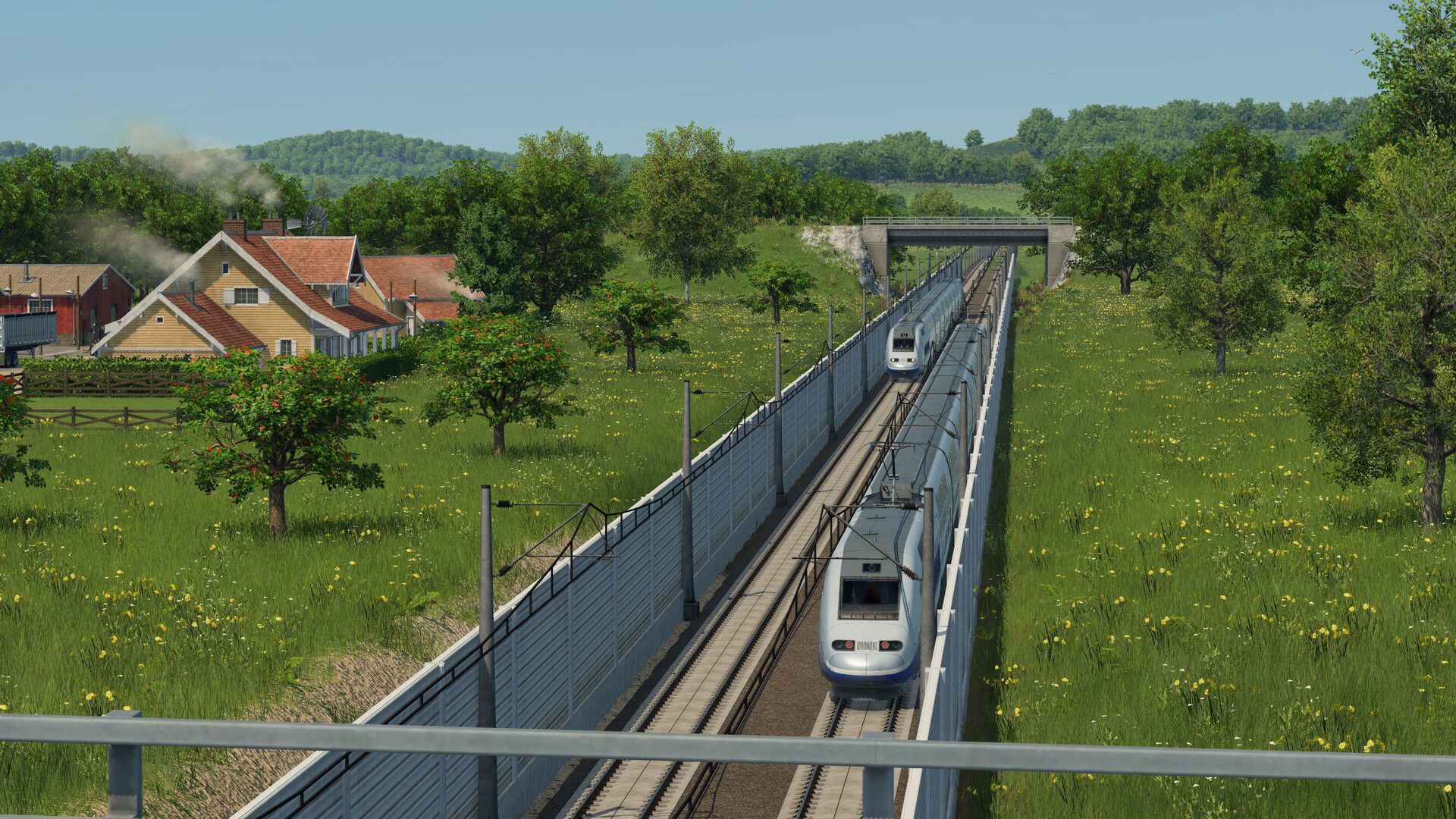 A high-speed train runs through green countryside in Transport Fever 3.