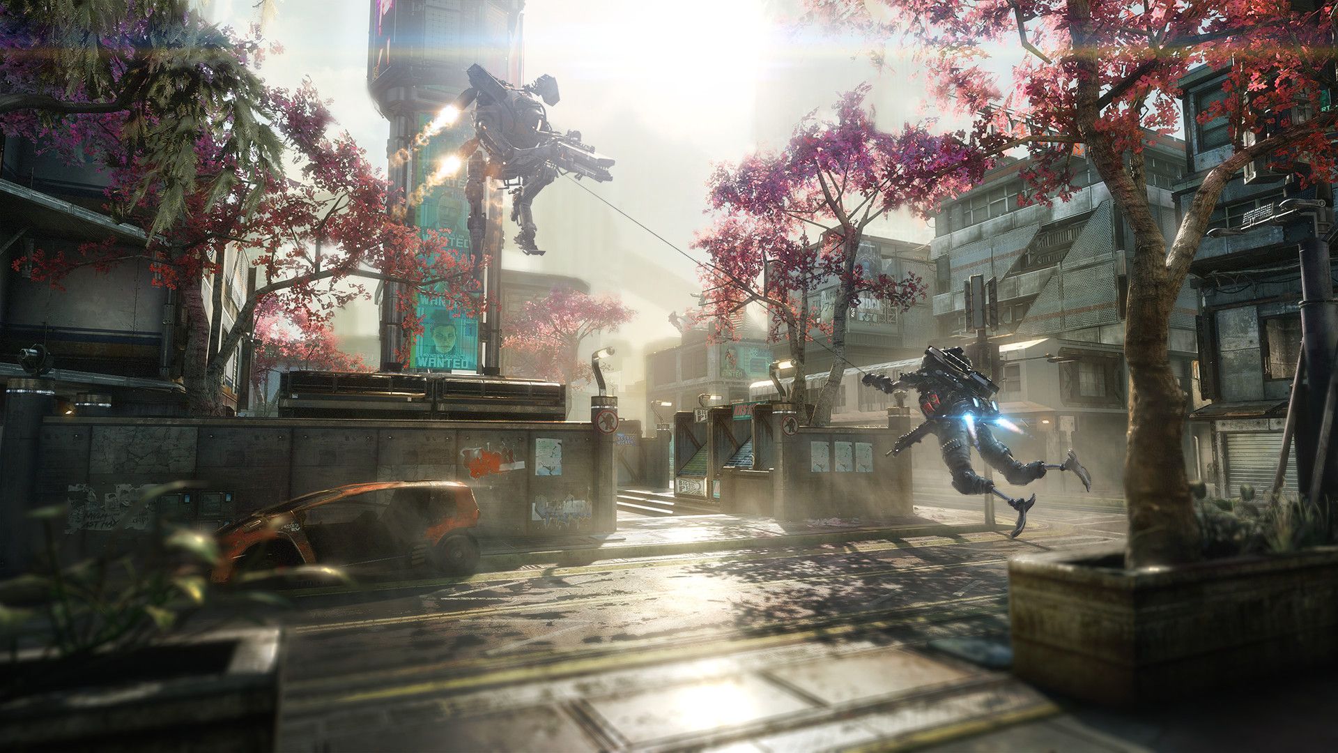 Pilot and Titan battle in a sunlit industrial area.