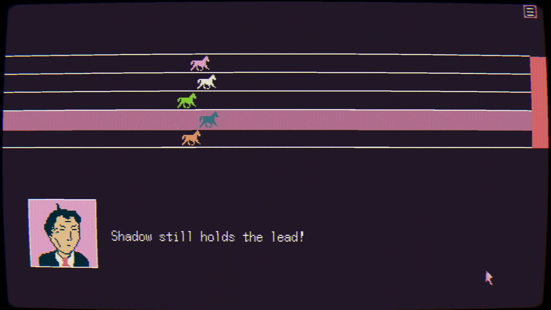 STONKS-9800 screenshot showing horse-racing results and a character portrait in the game’s retro interface.