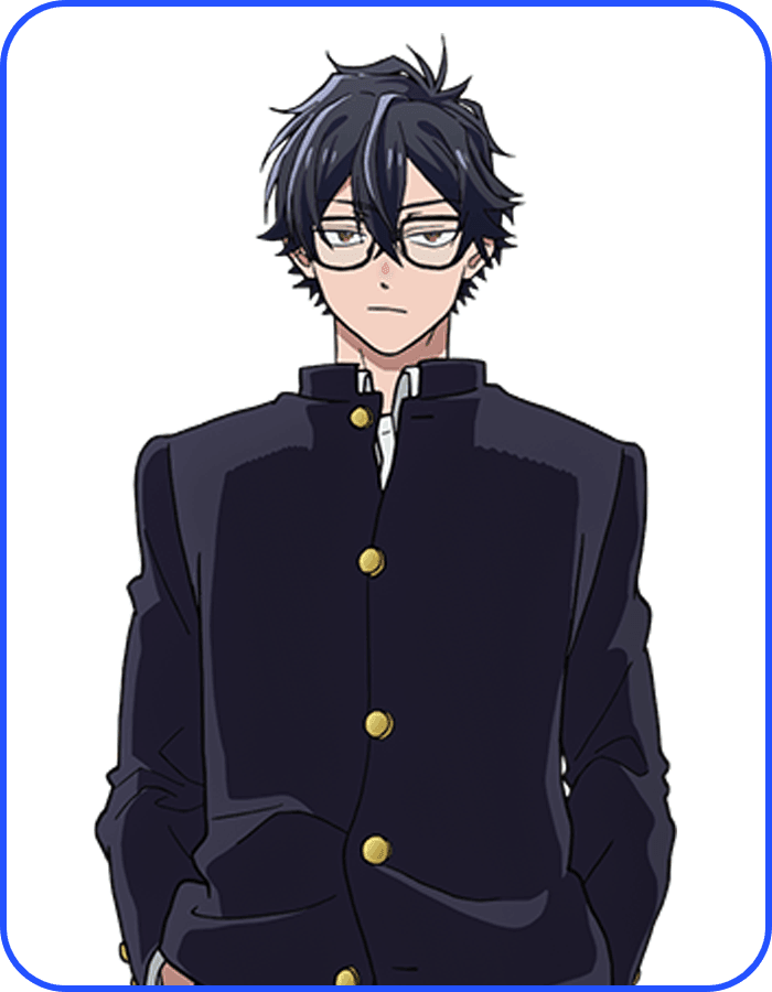 Dan Ichikura wears glasses and a dark school uniform in the official character illustration.