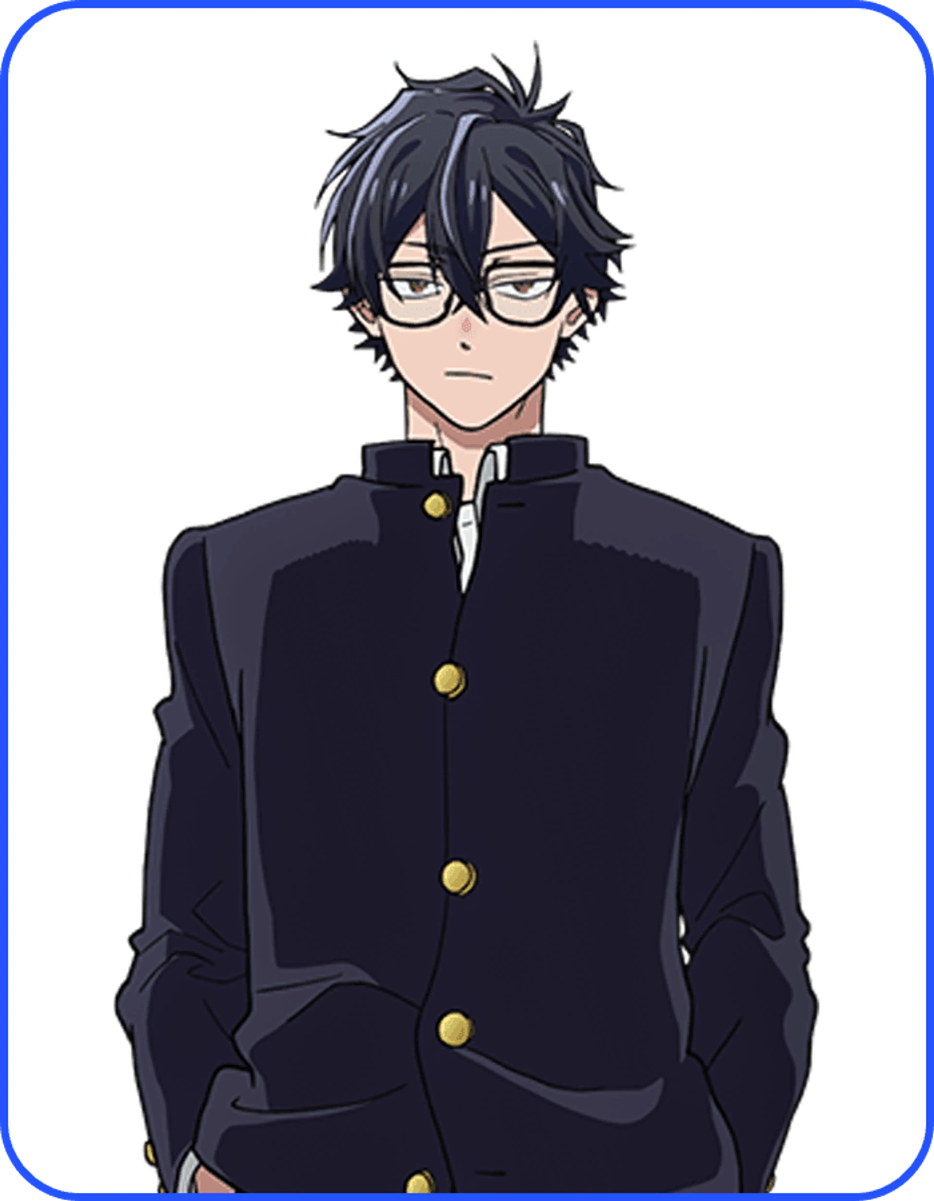 Dan Ichikura wears glasses and a dark school uniform in the official character illustration.