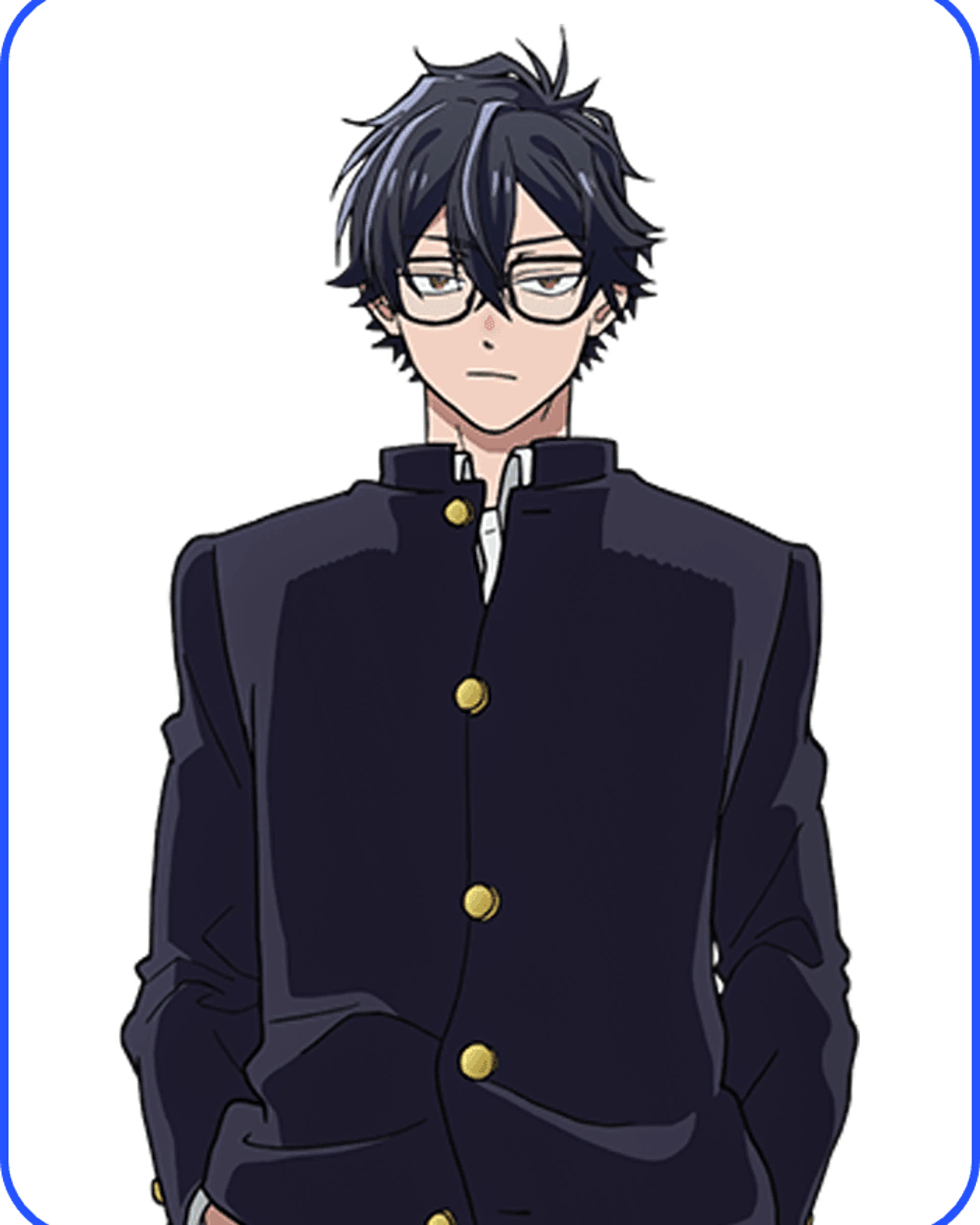 Dan Ichikura wears glasses and a dark school uniform in the official character illustration.