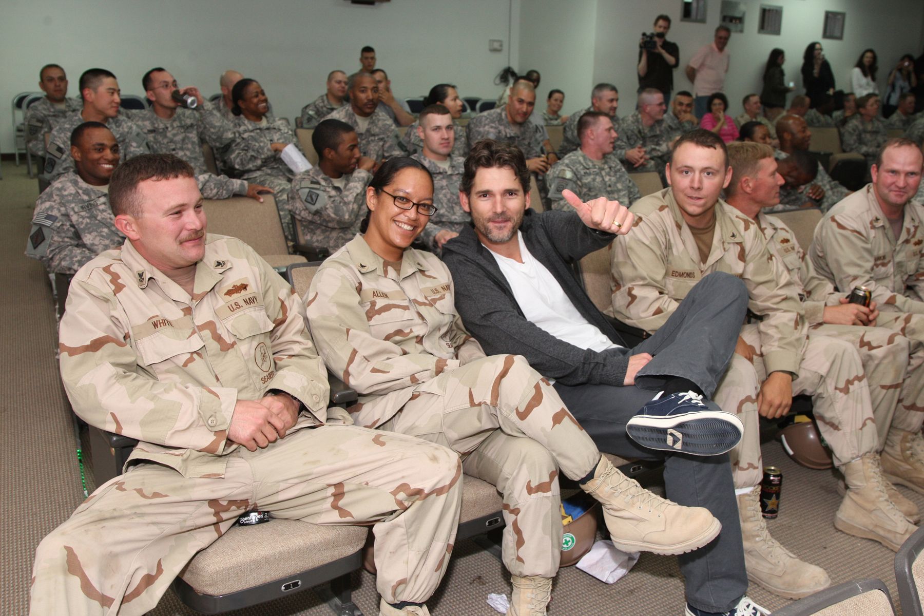 Eric Bana in a dark jacket at a 2009 Star Trek screening at Camp Arifjan.