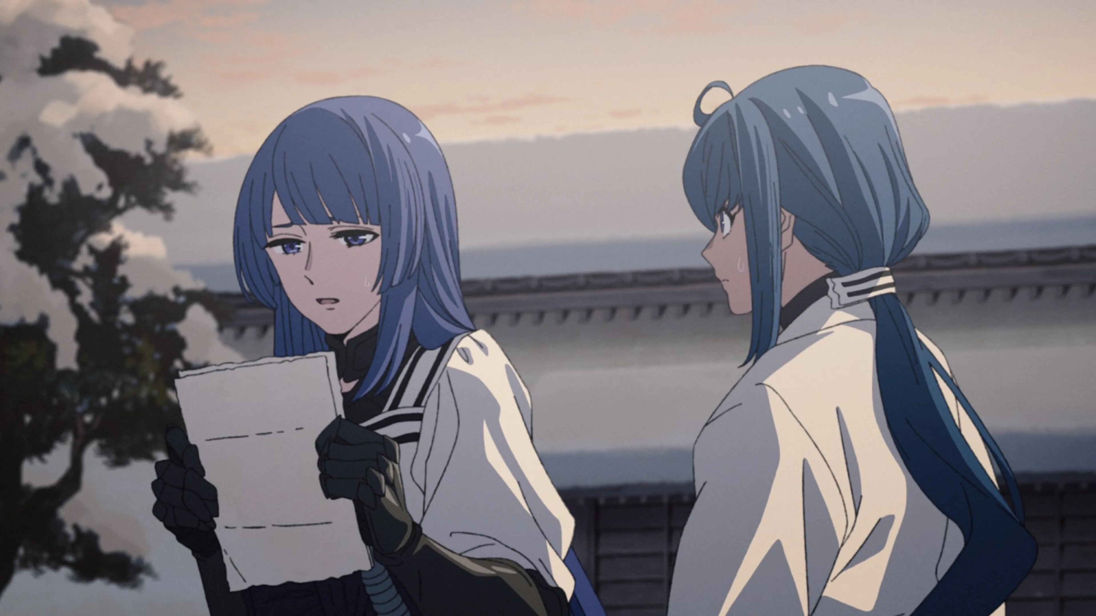 Two characters examine a letter in an official Mushoku Tensei season 3 finale still.