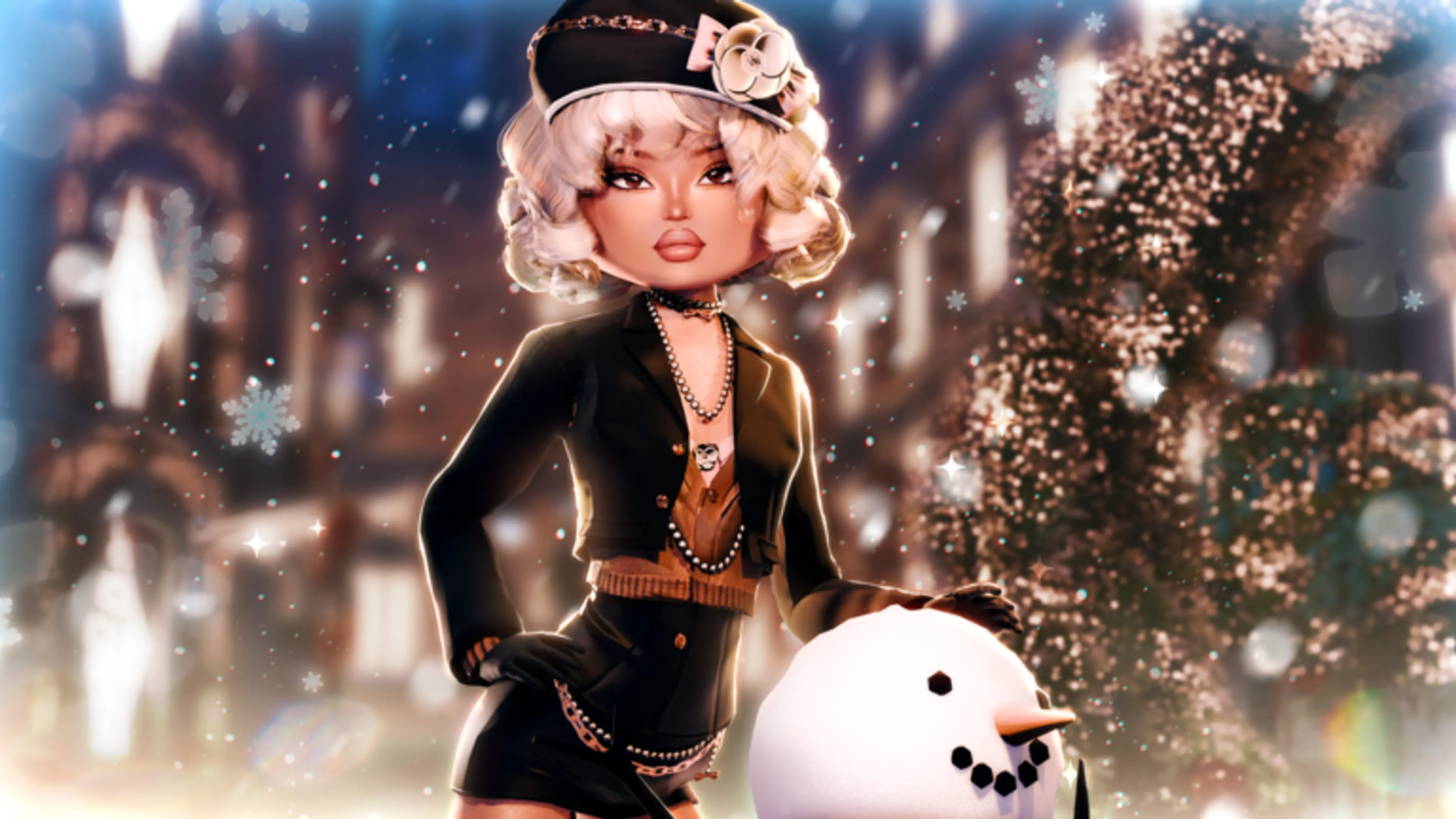 Dress To Impress character in a black winter outfit beside a snowman.