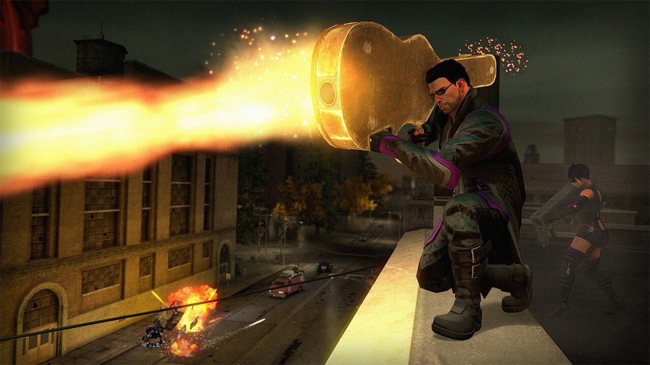 The Boss fires a large gun from a rooftop above traffic.