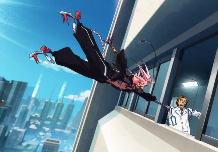 A Cyberpunk: Edgerunners 2 character dives past a building in official artwork.