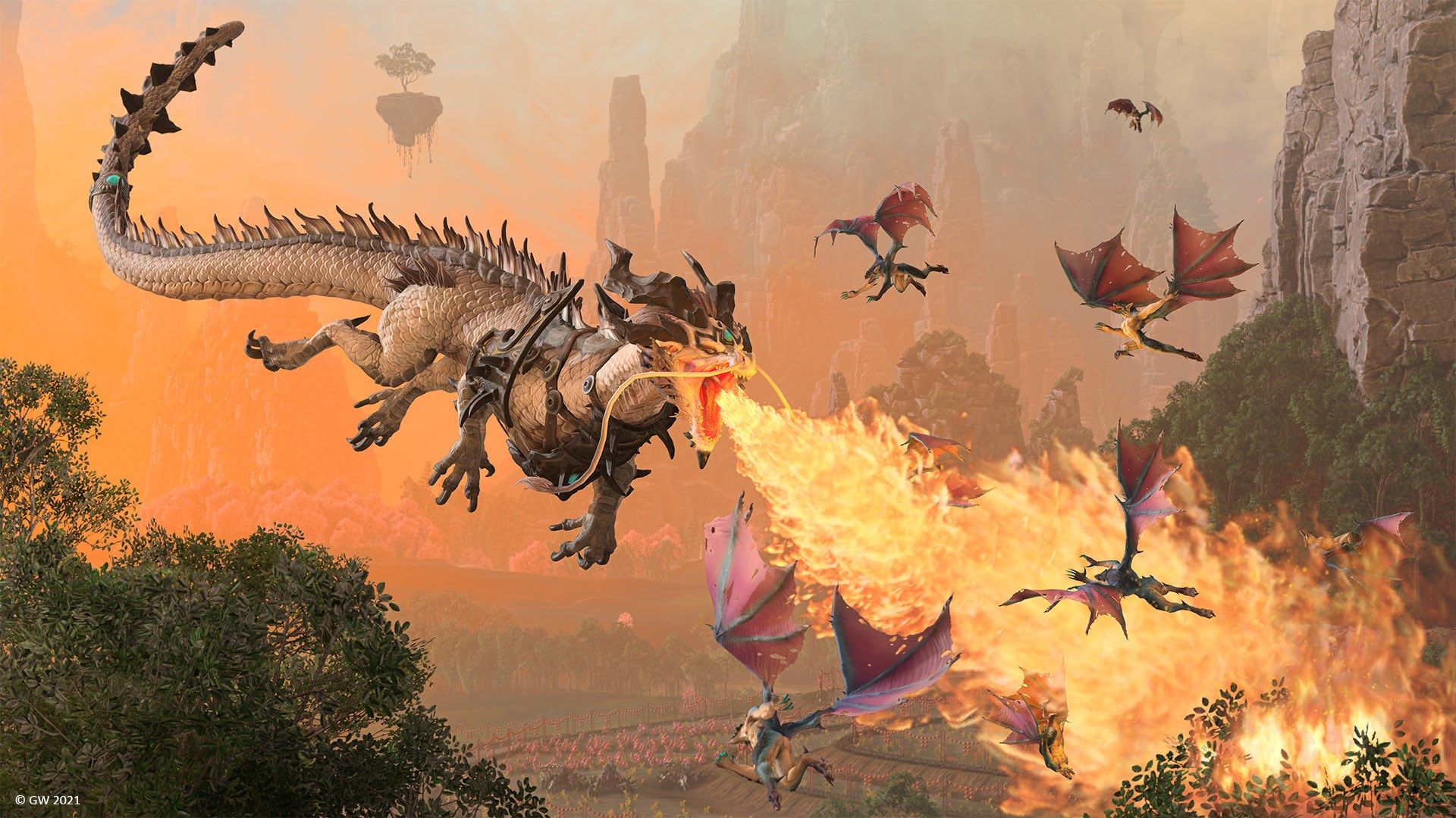 A large creature breathes fire above a battlefield.