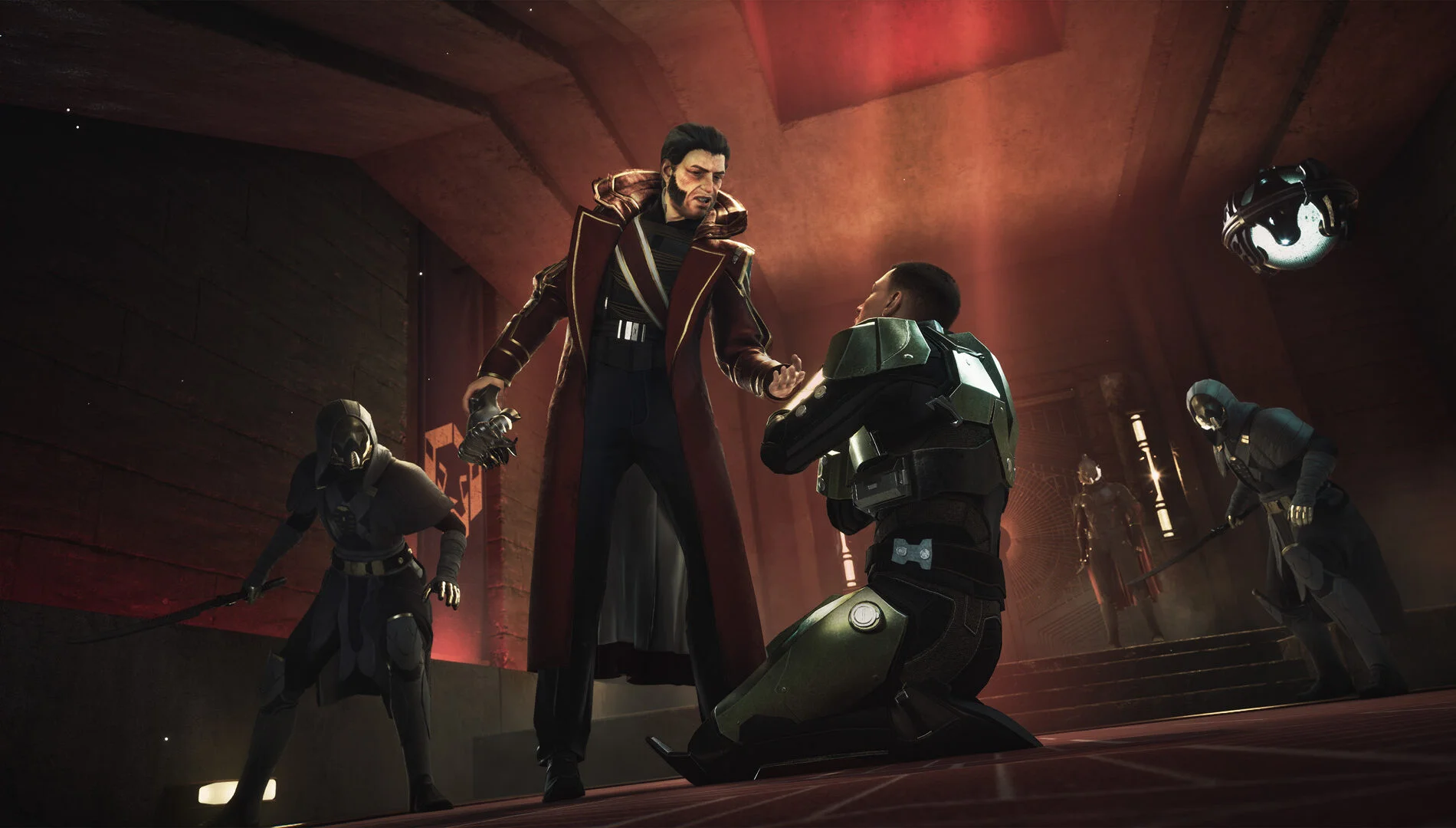 A character confronts an armored opponent in a red-lit interior in official Dune: Awakening gameplay imagery.