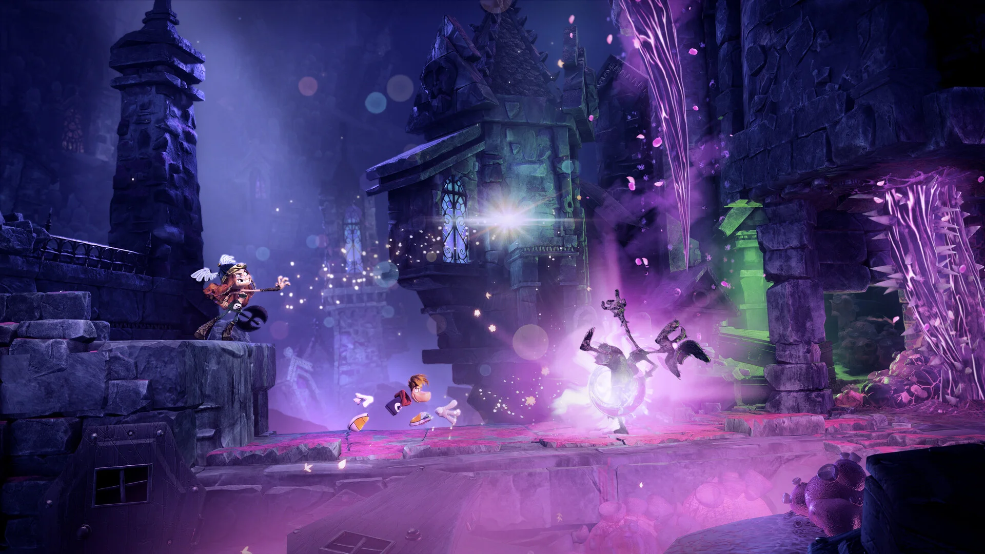 Rayman runs through a purple castle filled with glowing effects in a clean Rayman Legends Retold gameplay screenshot.